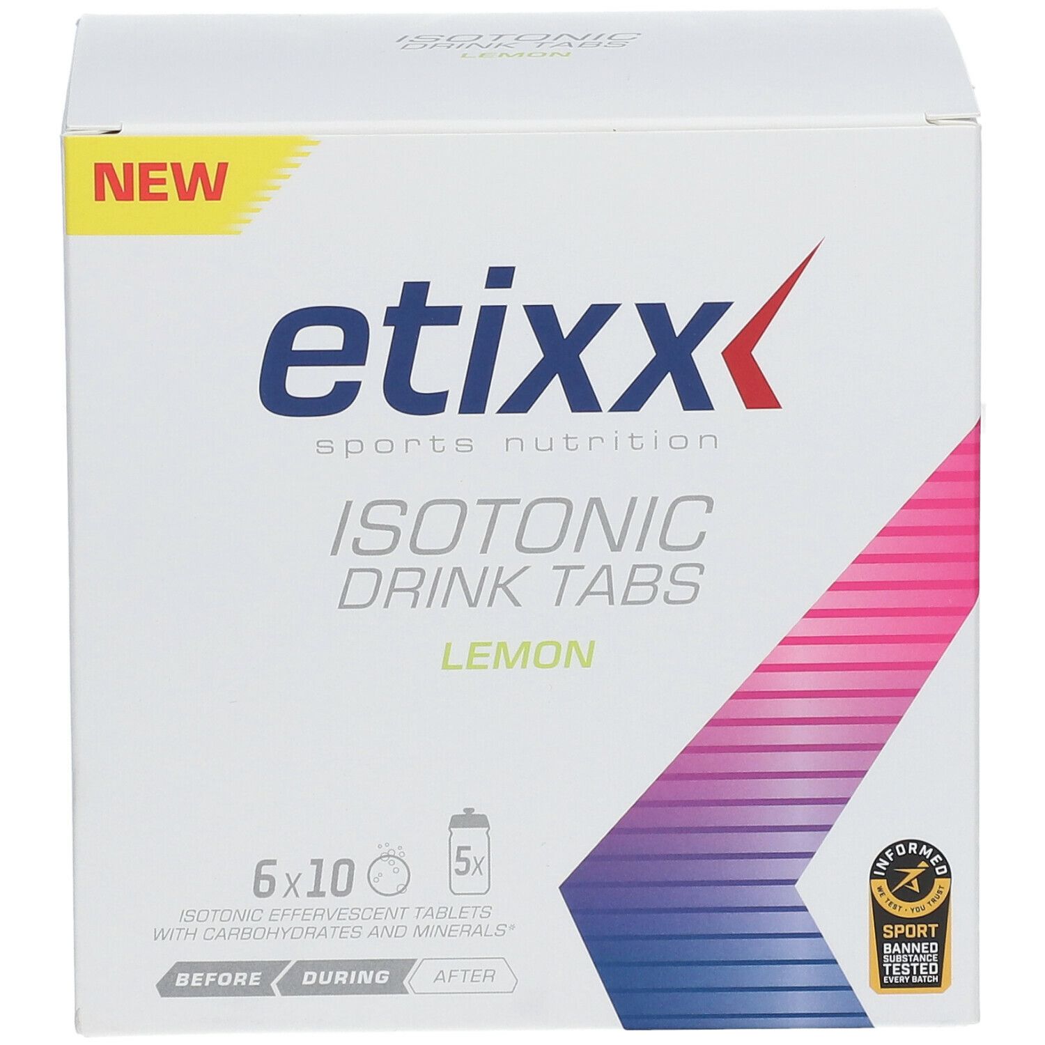 Etixx Isotonic Drink Tabs Zitrone. Karton mit 6x10 Brausetabletten. Aufdruck: 'NEW'.
