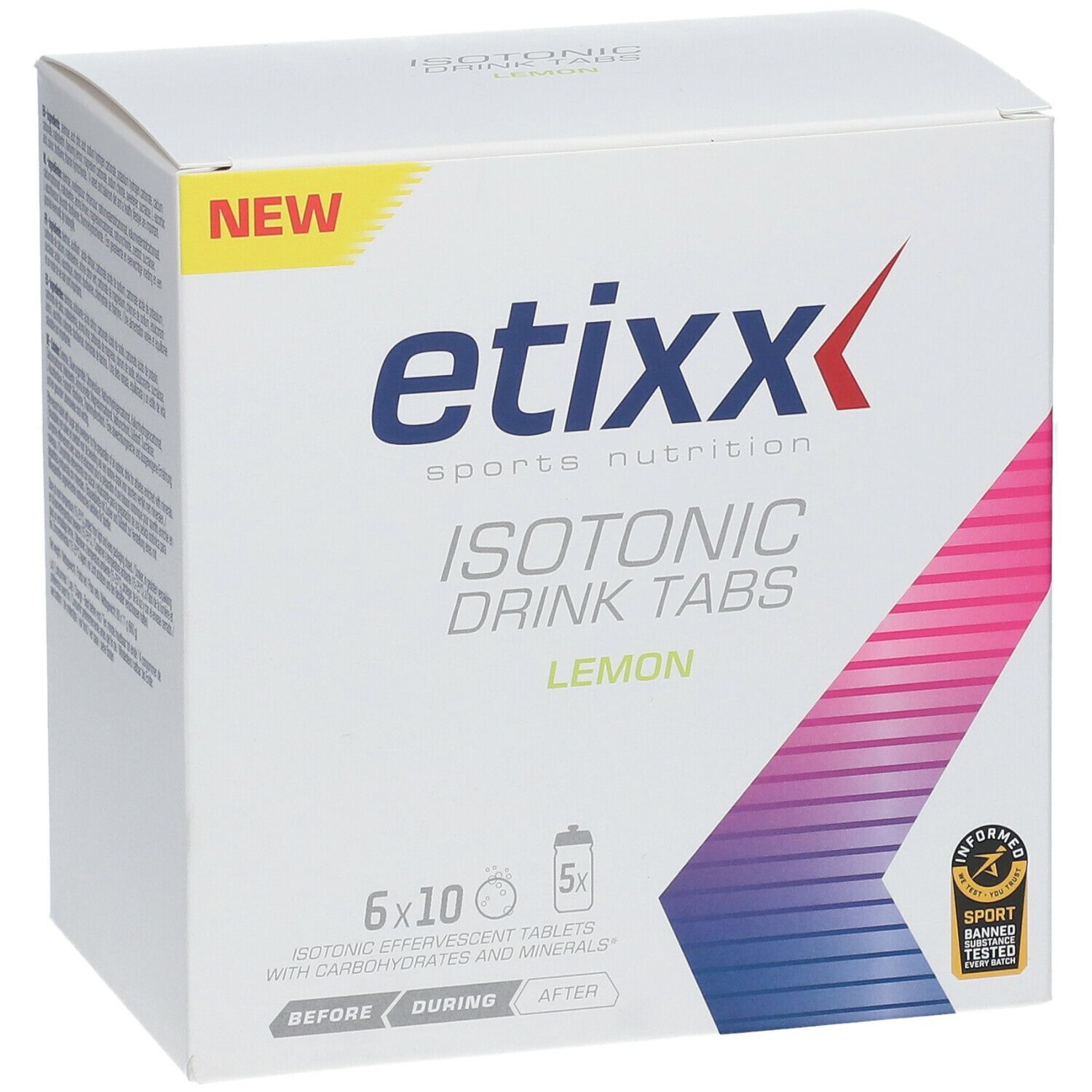 Etixx Isotonic Drink Tabs Zitrone. Karton mit 6x10 Brausetabletten. Aufdruck: 'NEW'.