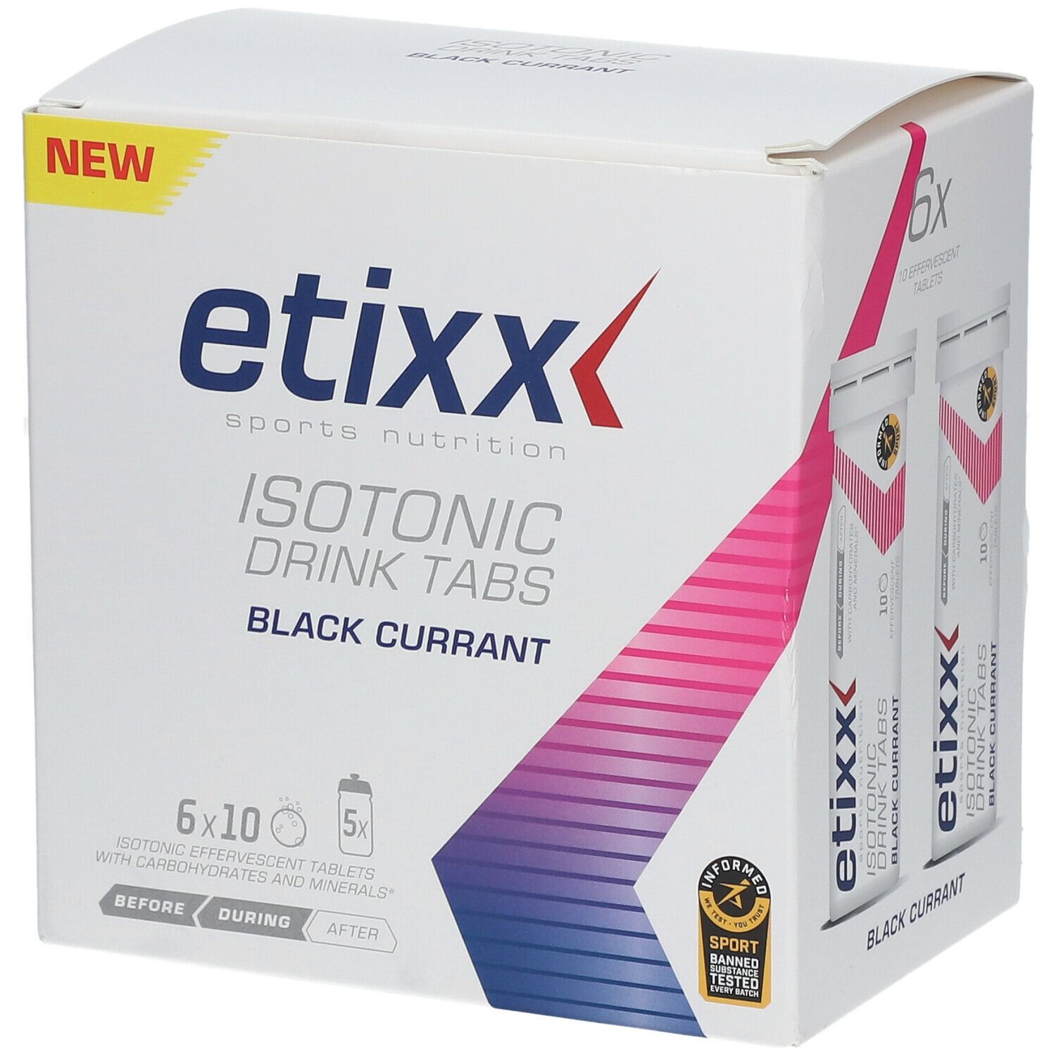 Etixx Isotonic Drink Tabs, 6x10 Brausetabletten. Schwarze Johannisbeere. Karton mit Produkt und Tuben.