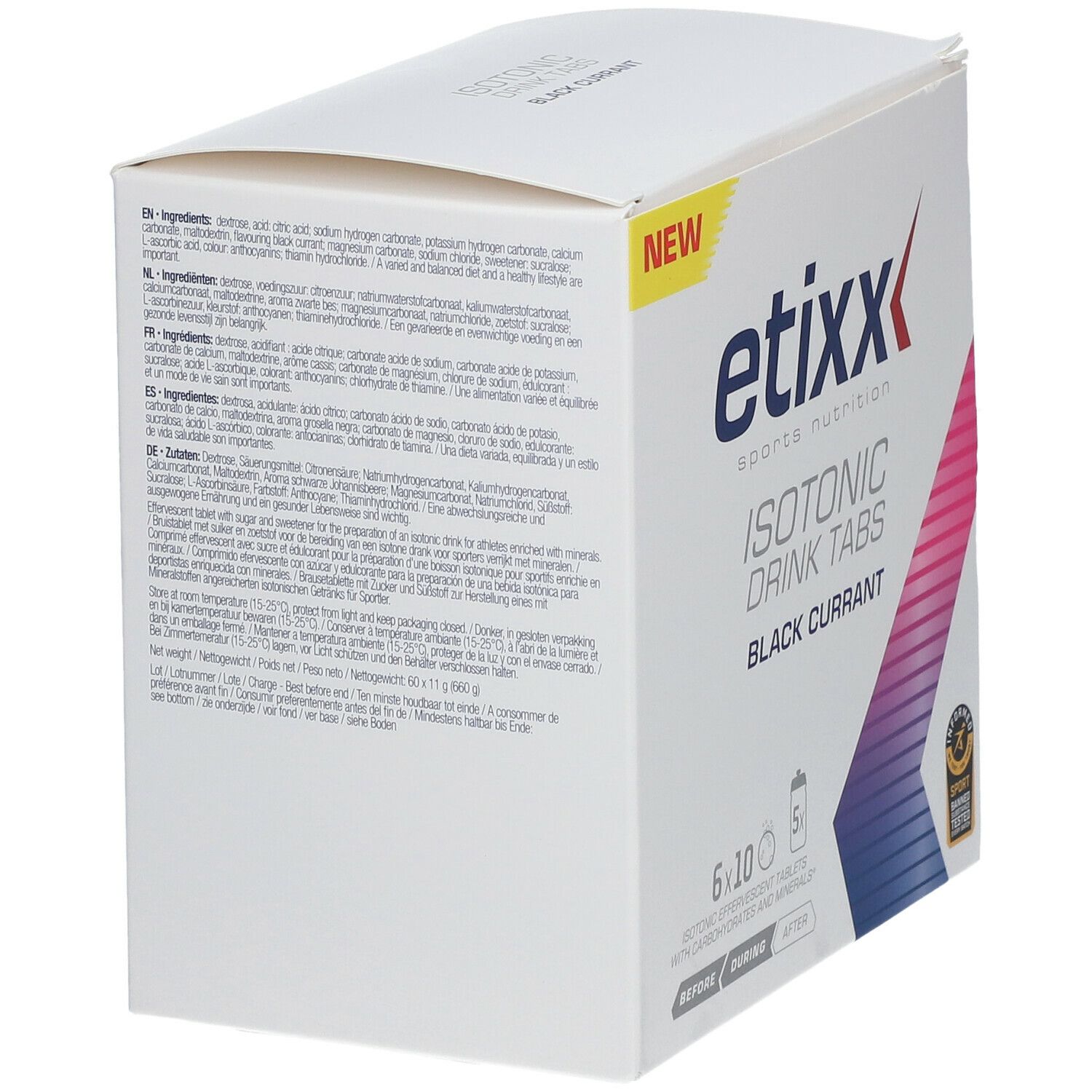 Etixx Isotonic Drink Tabs, Karton mit Inhaltsangaben. Schwarze Johannisbeere. Text in mehreren Sprachen.