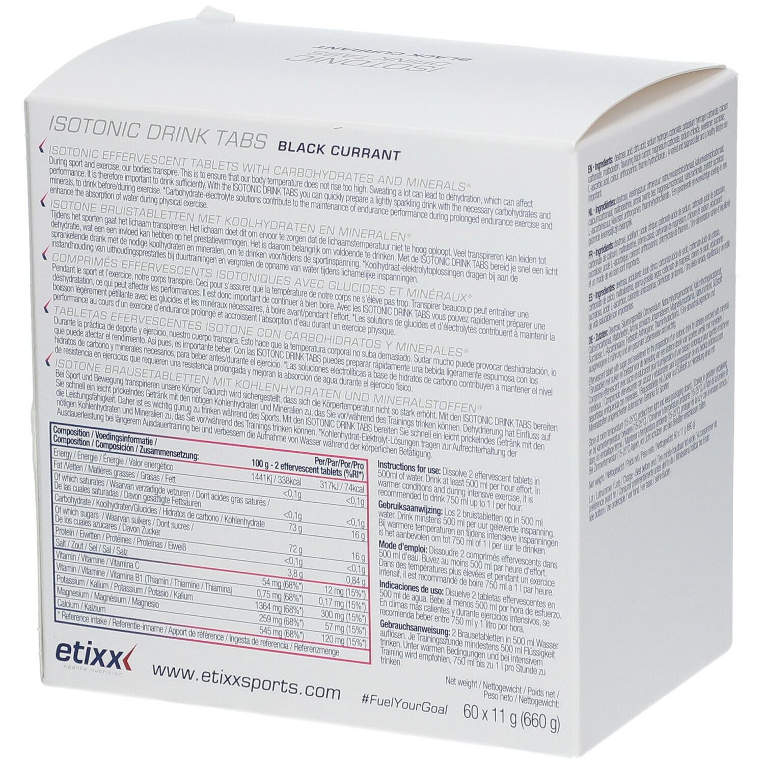Etixx Isotonic Drink Tabs, Karton mit Nährwertangaben. Schwarze Johannisbeere. Text in mehreren Sprachen.