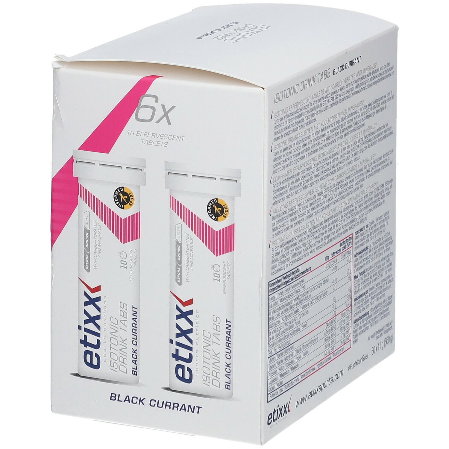 Etixx Isotonic Drink Tabs, 6x10 Brausetabletten. Schwarze Johannisbeere. Karton mit Produkt und Tuben.