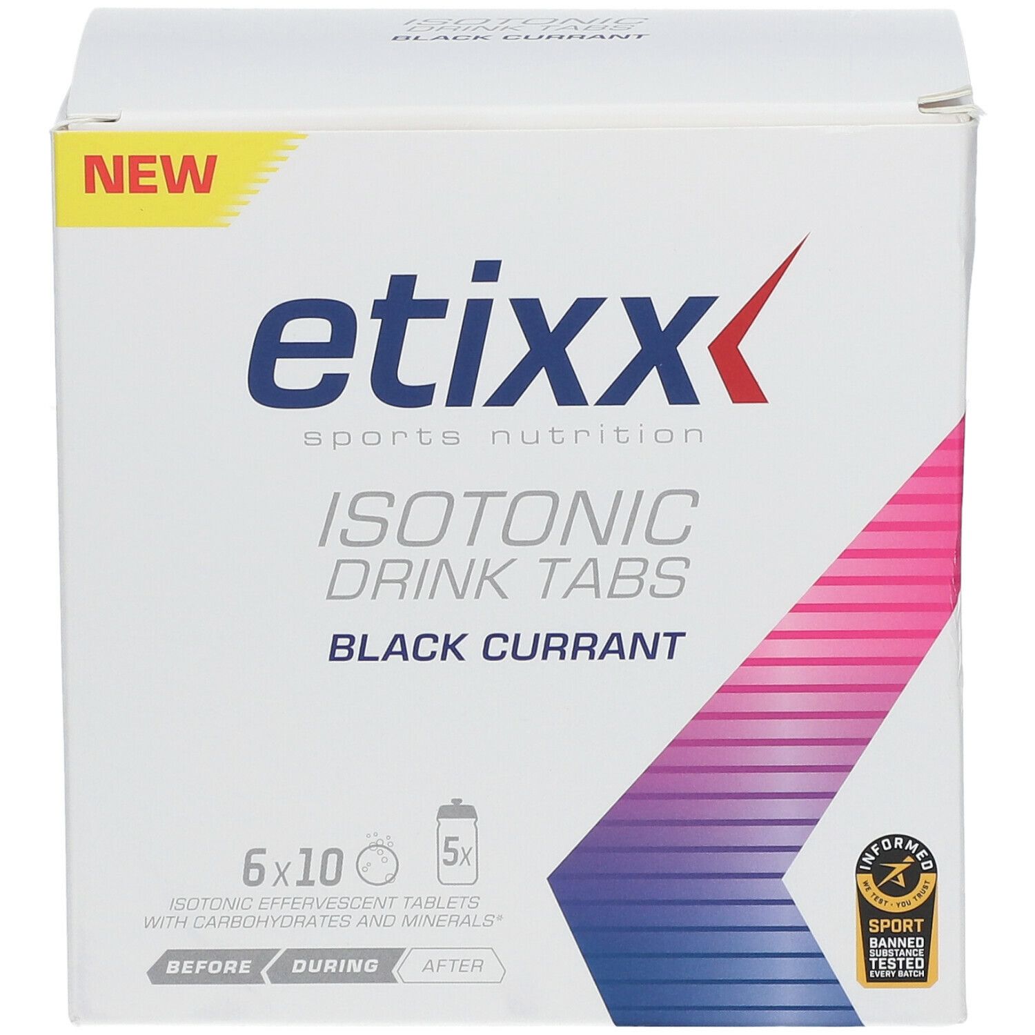Etixx Isotonic Drink Tabs, 6x10 Brausetabletten. Schwarze Johannisbeere. Karton mit Produkt.