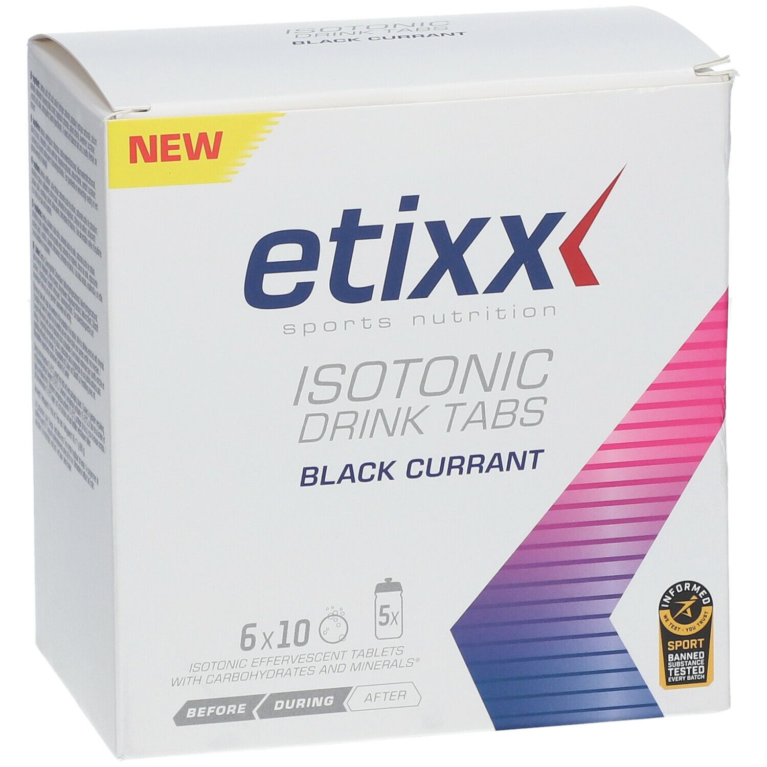 Etixx Isotonic Drink Tabs, 6x10 Brausetabletten. Schwarze Johannisbeere. Karton mit Produkt.