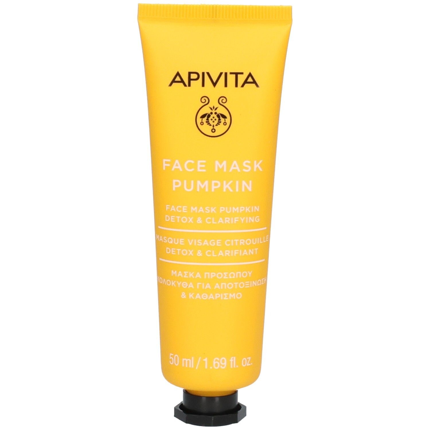 Gelbe Tube mit Produkt. Aufschrift: APIVITA, FACE MASK PUMPKIN, 50 ml/1.69 fl. oz. Schwarzer Verschluss.