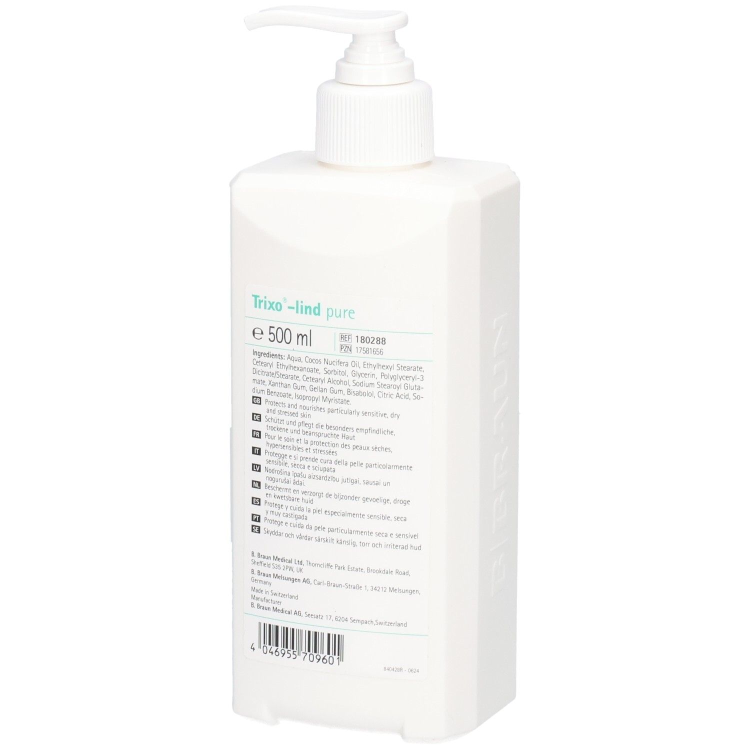 Rückseite einer Spenderflasche mit Dosierpumpe, Trixo-lind pure, 500 ml.