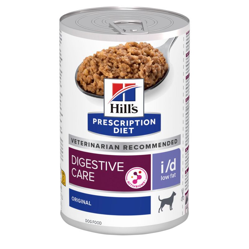 Hundefutterdose mit Futter. Aufschrift: Hill's Prescription Diet i/d Low Fat. Empfohlen vom Tierarzt.