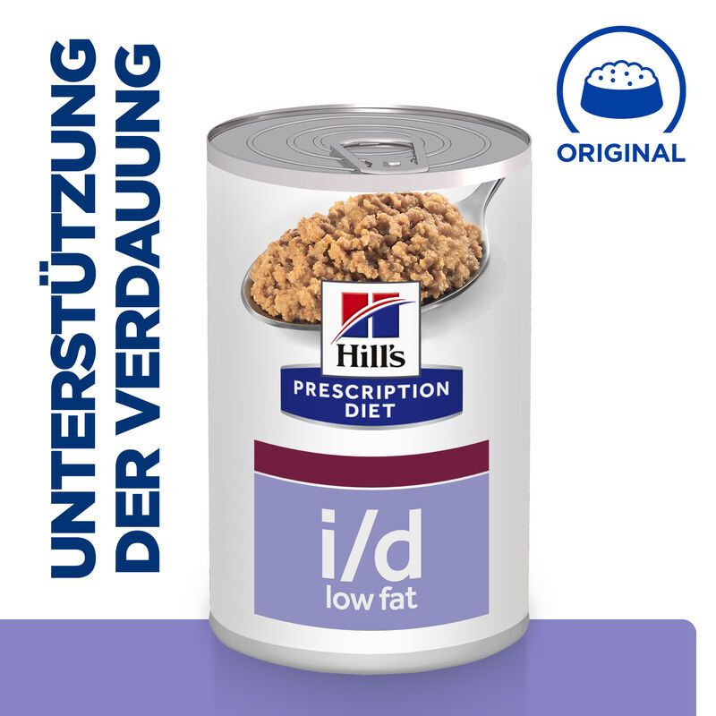 Hundefutterdose mit Futter. Aufschrift: Hill's Prescription Diet i/d Low Fat. Unterstützt die Verdauung.