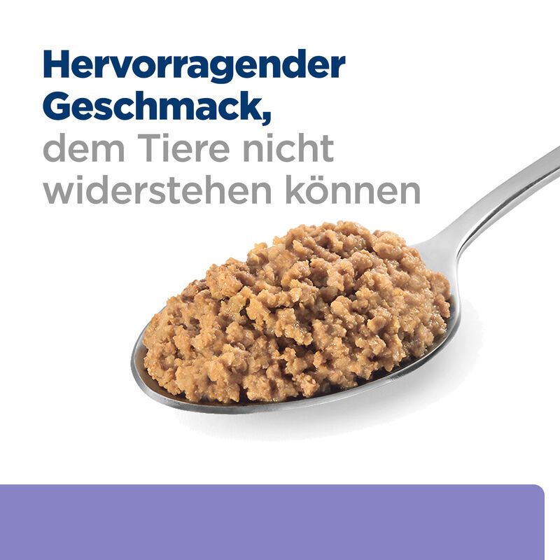 Löffel mit Hundefutter. Text: Hervorragender Geschmack, dem Tiere nicht widerstehen können.