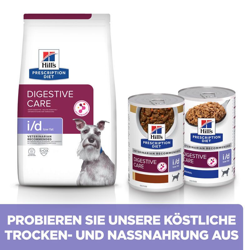 Trocken- und Nassfutter. Aufschrift: Hill's Prescription Diet i/d. Hund mit Futterbeutel und Dosen.