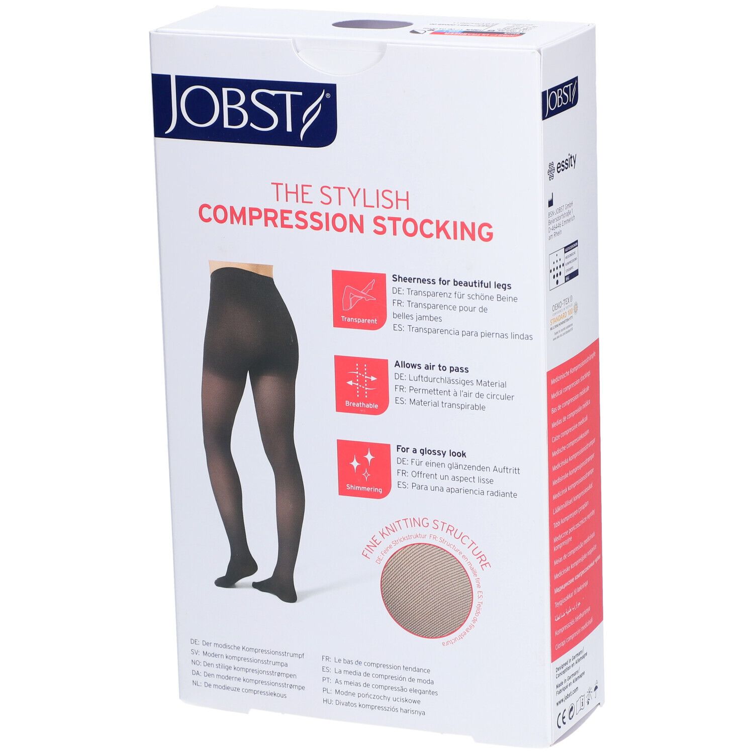 Verpackung JOBST Kompressionsstrumpfhose. Schwarze Strumpfhose. Eigenschaften: transparent, atmungsaktiv, glänzend. Feine Strickstruktur.