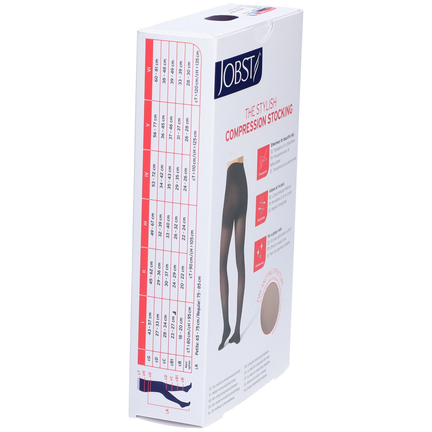 Verpackung JOBST Kompressionsstrumpfhose. Größentabelle. Abbildung schwarzer Strumpfhose. Feine Strickstruktur.