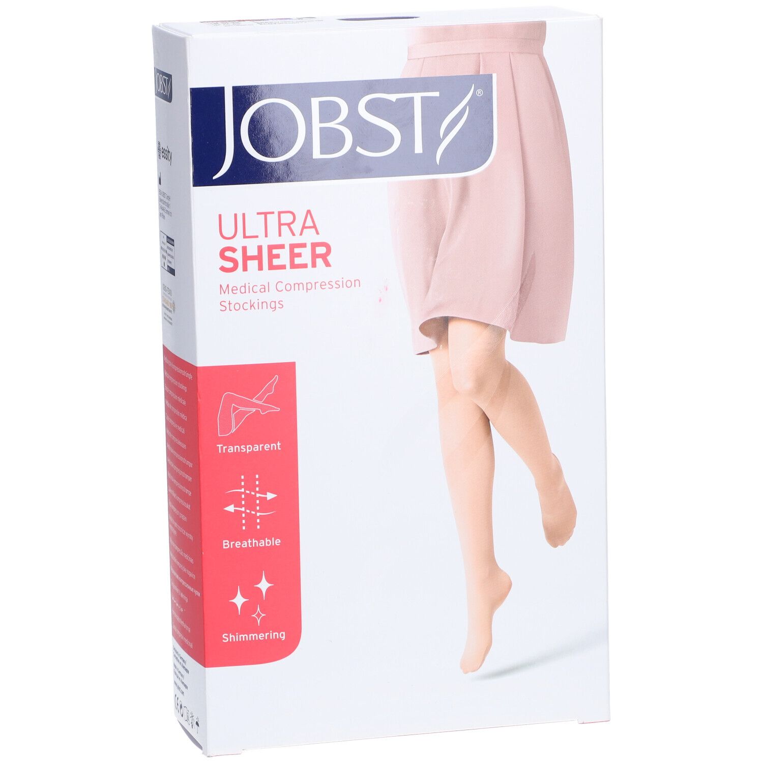 Verpackung JOBST Ultra Sheer Kompressionsstrumpfhose. Transparent, atmungsaktiv, schimmernd. Abbildung einer Frau mit Strumpfhose.