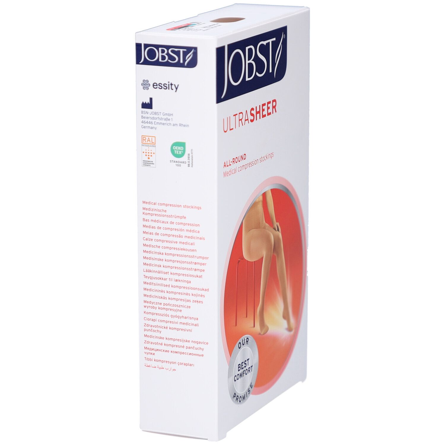 Verpackung der JOBST UltraSheer Kompressions-Strumpfhose. Aufdruck: JOBST, UltraSheer, All-Round, medizinische Kompressionsstrümpfe. Seitenansicht.