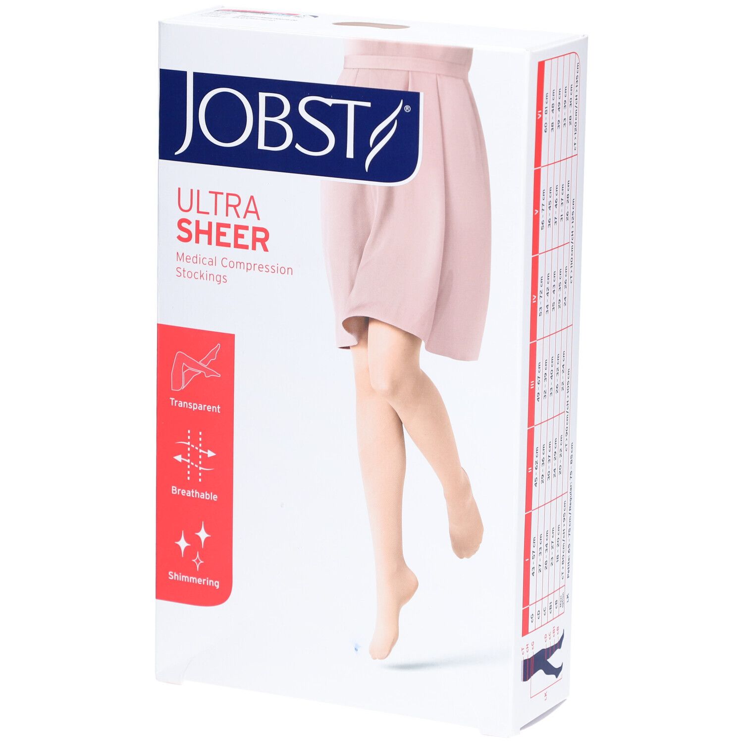 Verpackung mit JOBST Ultra Sheer Kompressionsstrümpfen. Merkmale: Transparent, atmungsaktiv, schimmernd. Abbildung einer Frau mit Strümpfen.