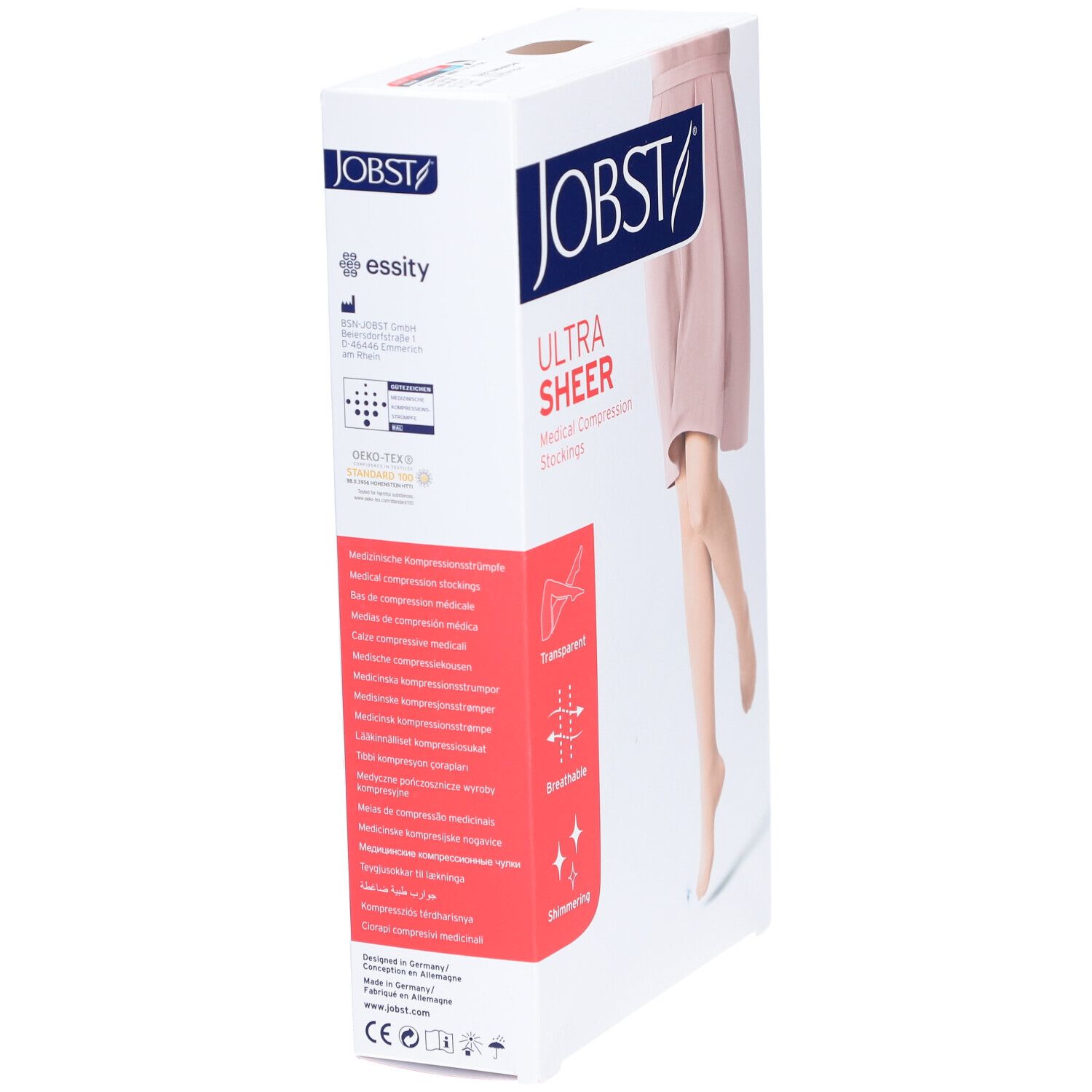 Verpackung JOBST Ultra Sheer Kompressionsstrümpfe. Text: Transparent, atmungsaktiv, schimmernd. Zusätzliche Informationen und Zertifizierungen.