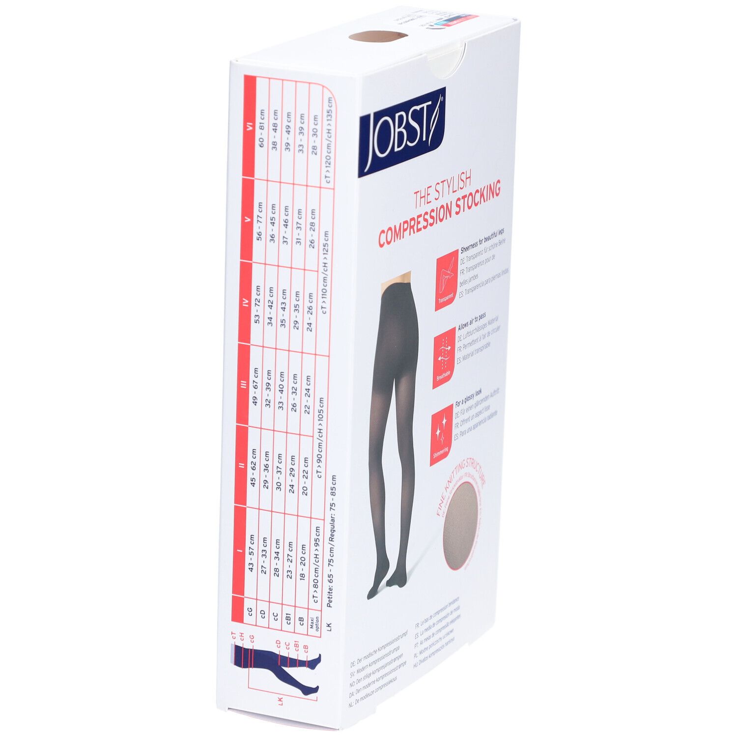 Verpackung JOBST The Stylish Compression Stocking. Schwarze Strumpfhose. Größentabelle. Feine Strickstruktur. Seitenansicht.