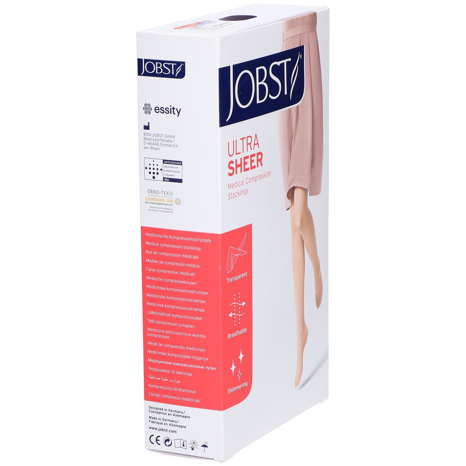 JOBST Ultrasheer Collant Classe 1 At Régulier Naturel Small. Verpackung mit Produktinformationen und Zertifizierungen.