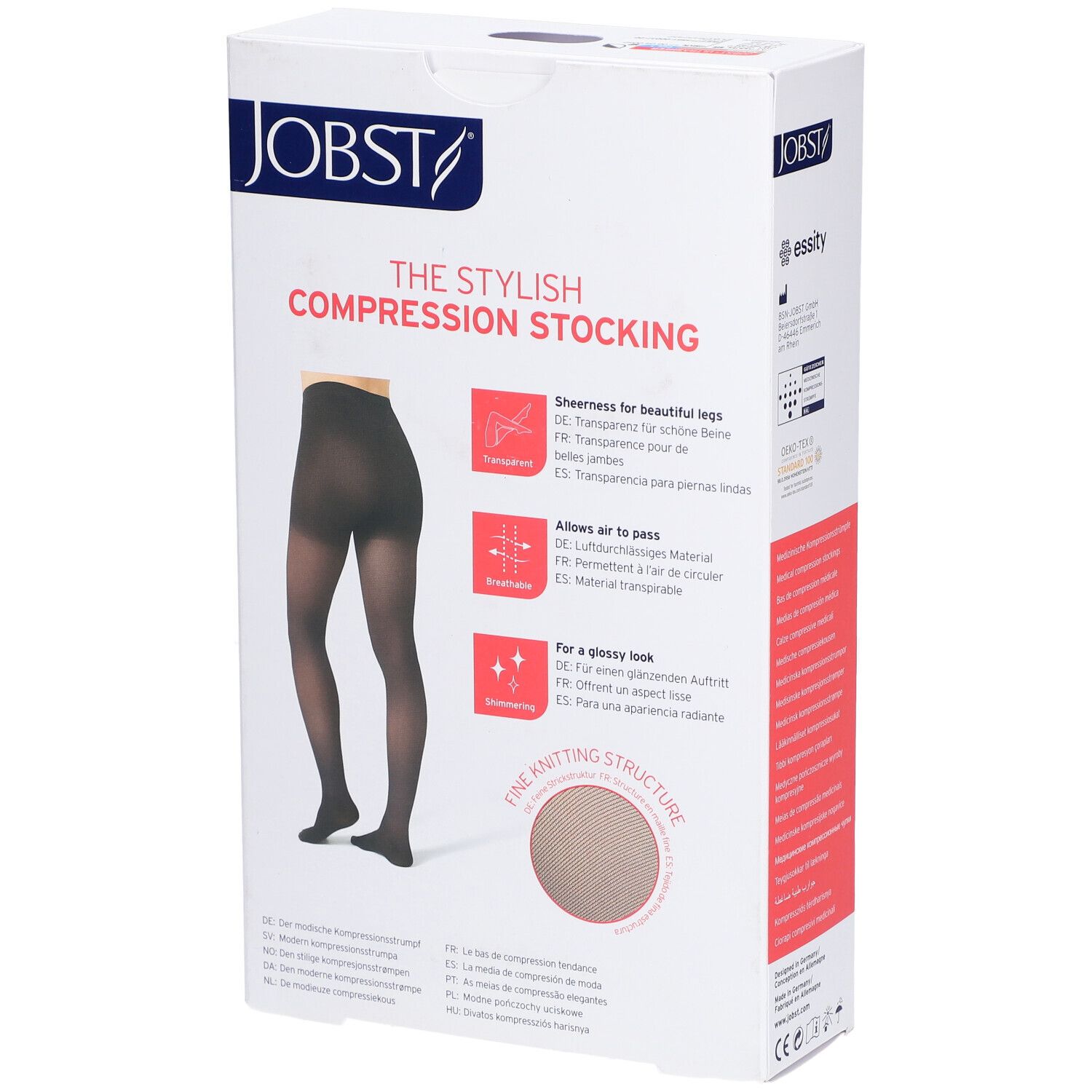 JOBST Strumpfhose. Verpackung mit Produktabbildung. Eigenschaften: transparent, atmungsaktiv, schimmernd.