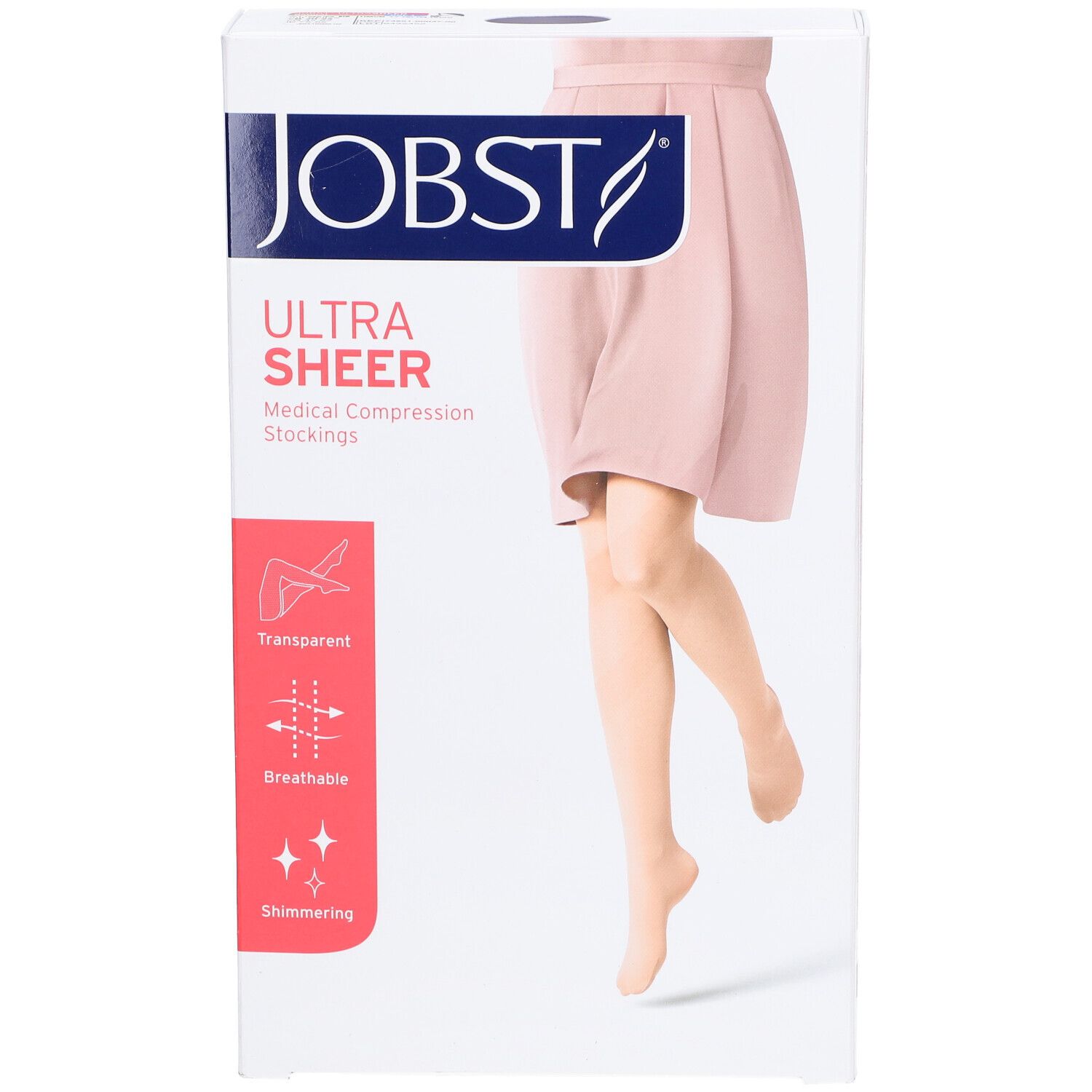 JOBST Ultrasheer Collant Classe 1 At Régulier Naturel Small. Verpackung mit Produktabbildung und Produktinformationen.