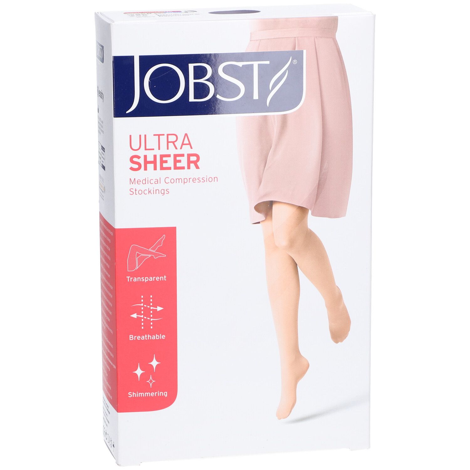 JOBST Ultrasheer Collant Classe 1 At Régulier Naturel Small. Verpackung mit Produktabbildung und Produktinformationen.