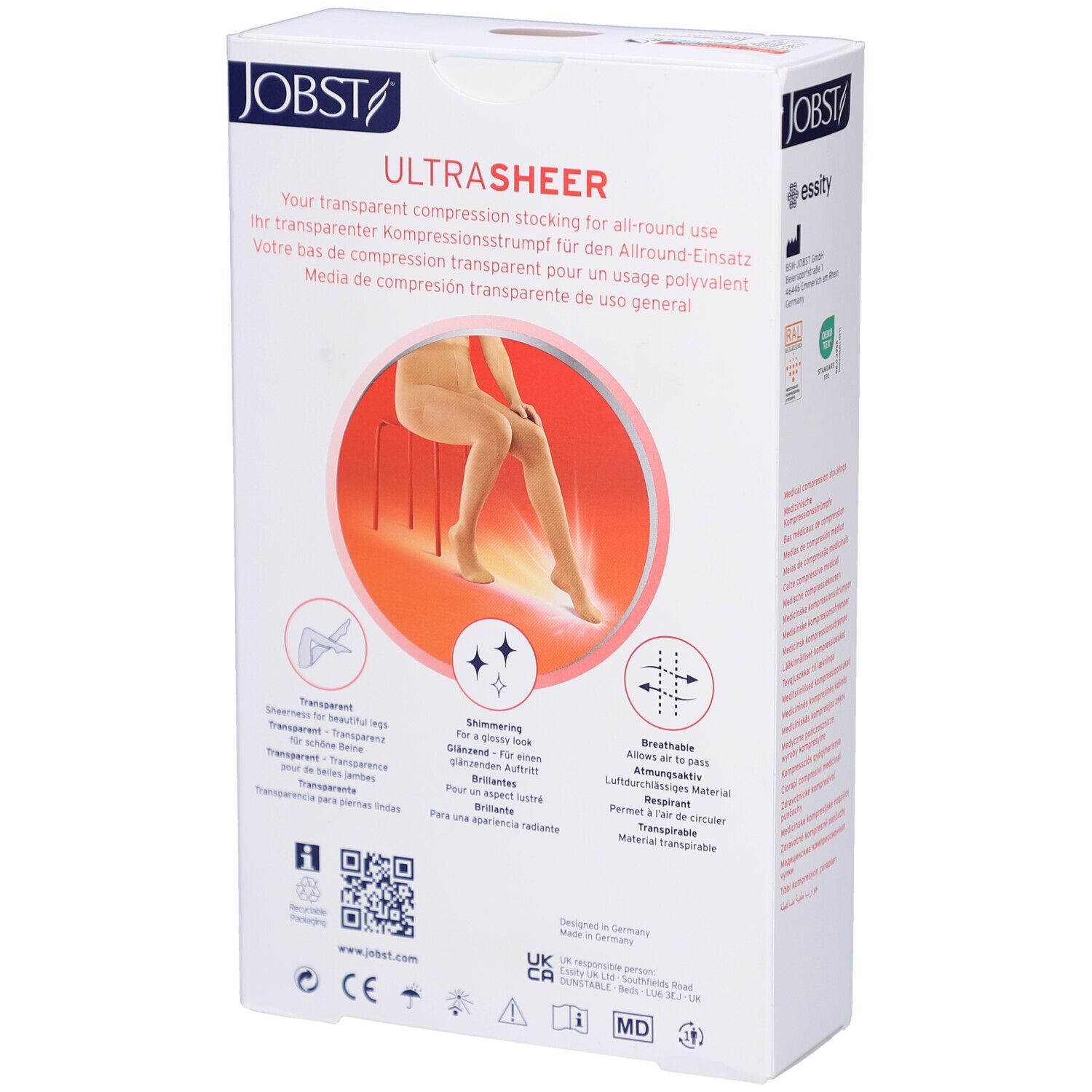 Rückseite der Verpackung der JOBST UltraSheer Kompressions-Strumpfhose. Text über transparente Kompressionsstrümpfe. Illustrationen und Logos.