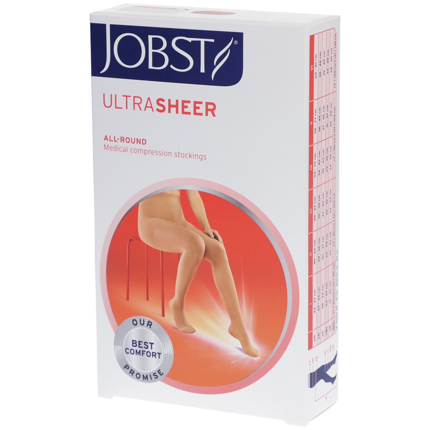 Verpackung JOBST Ultrasheer. Abbildung einer Frau mit Kompressionsstrümpfen. Logo und Produktbezeichnung.