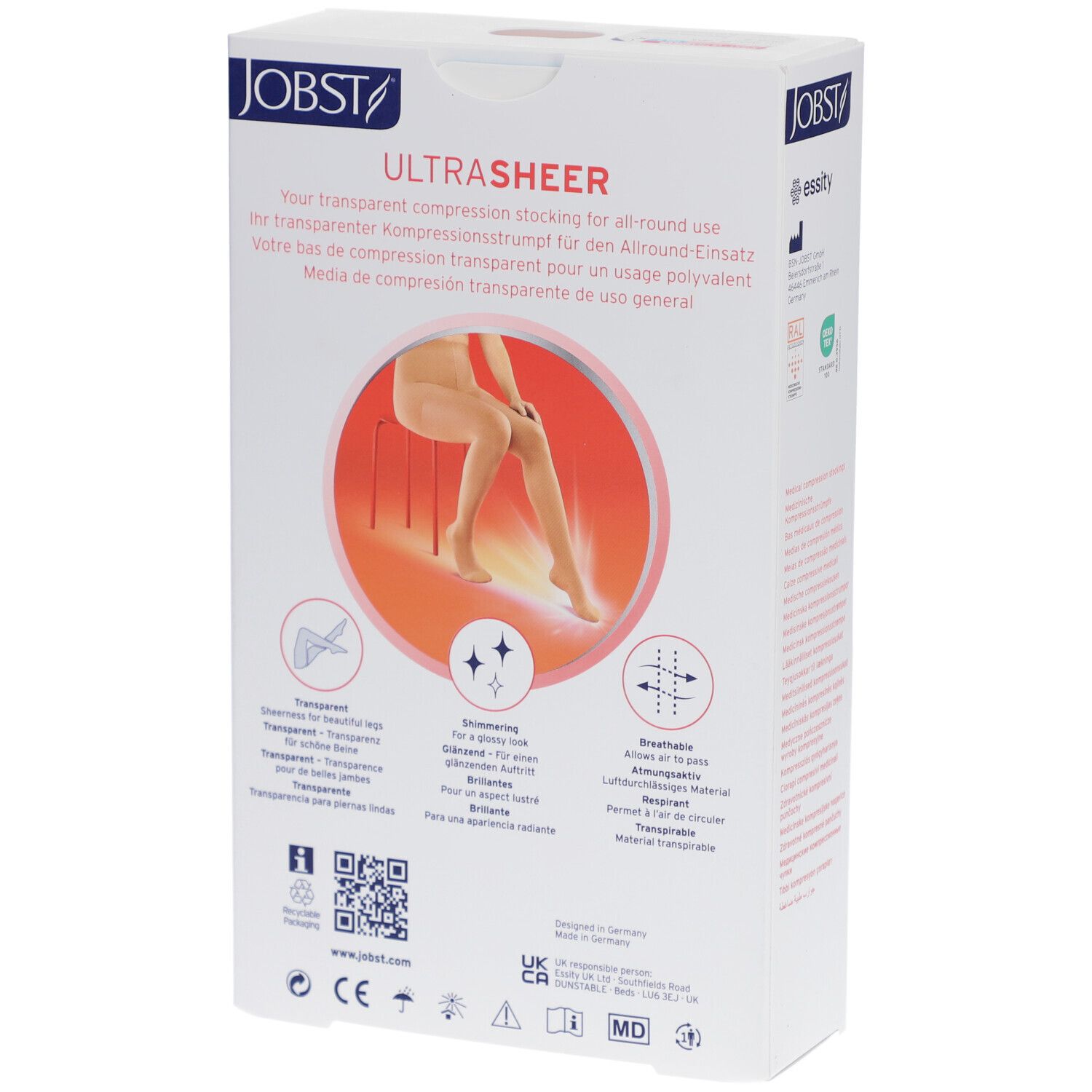 Rückseite der Verpackung JOBST Ultrasheer. Produktmerkmale, Logos und QR-Code. Illustration einer Frau.