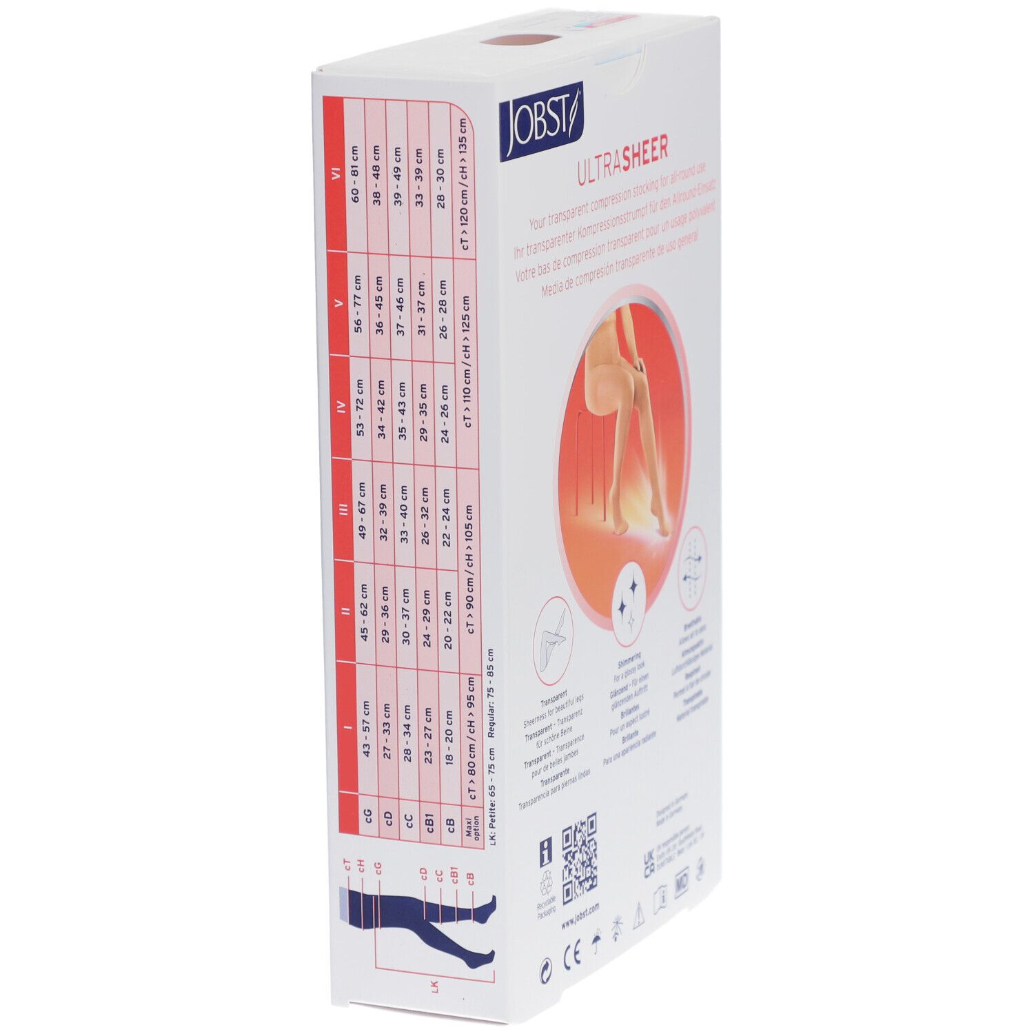 Verpackung JOBST Ultrasheer. Größenangaben und Produktmerkmale. Illustration einer Frau mit Strümpfen.
