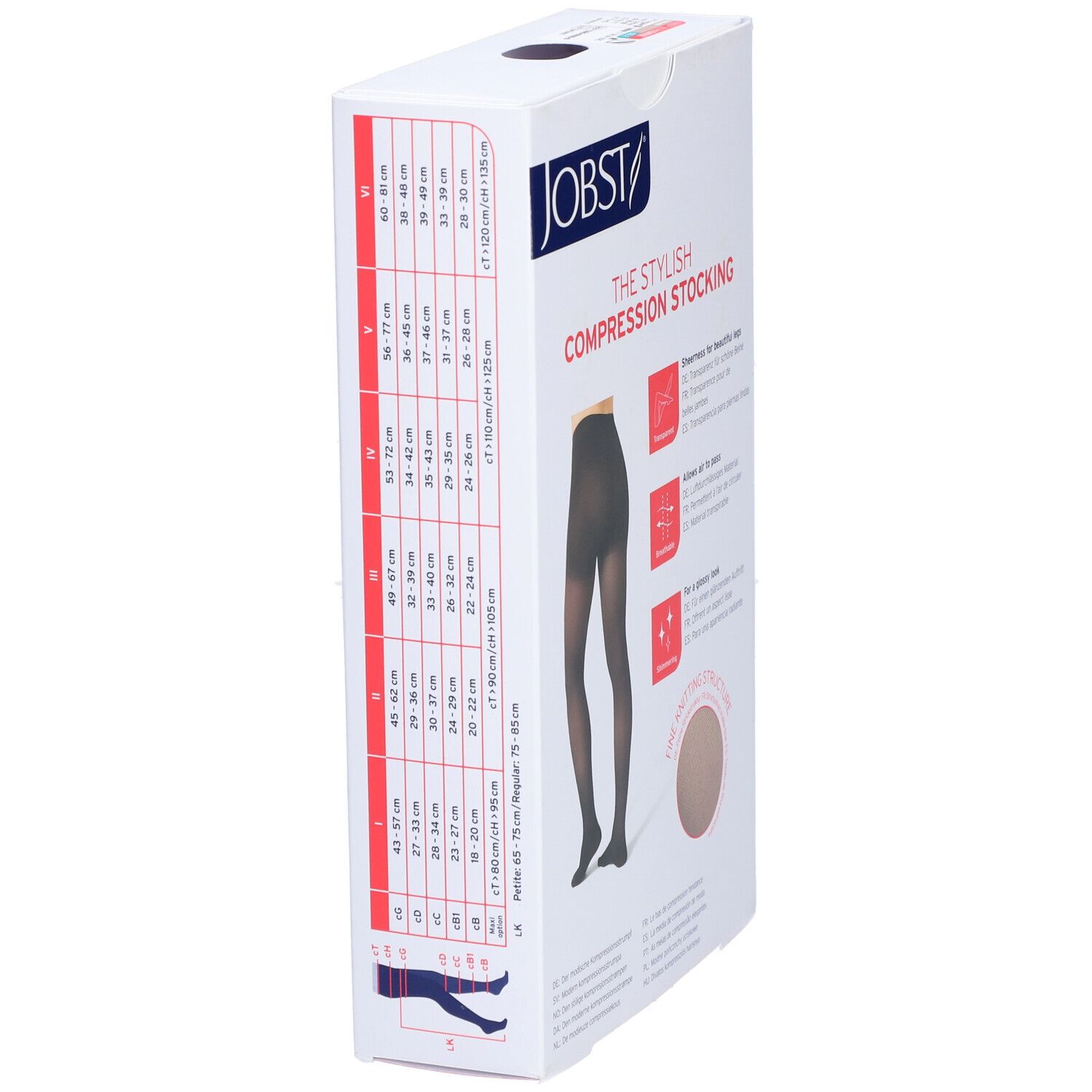 Verpackung JOBST Kompressionsstrumpfhose. Größentabelle und Illustration der Strumpfhose. Schwarze Strumpfhose abgebildet.
