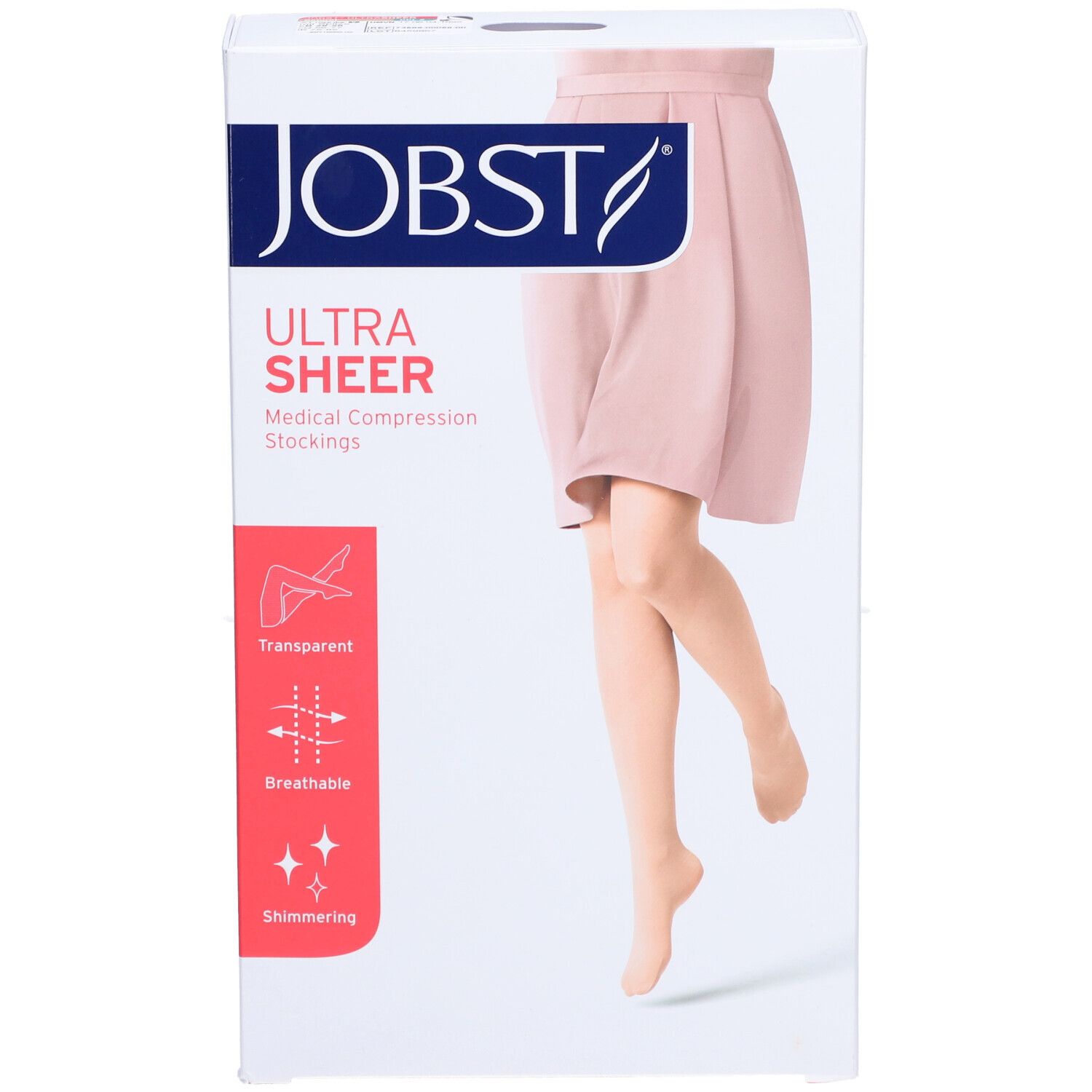Verpackung JOBST UltraSheer Kompressionsstrumpfhose. Abbildung einer Frau mit Strumpfhose. Transparent, atmungsaktiv, schimmernd.