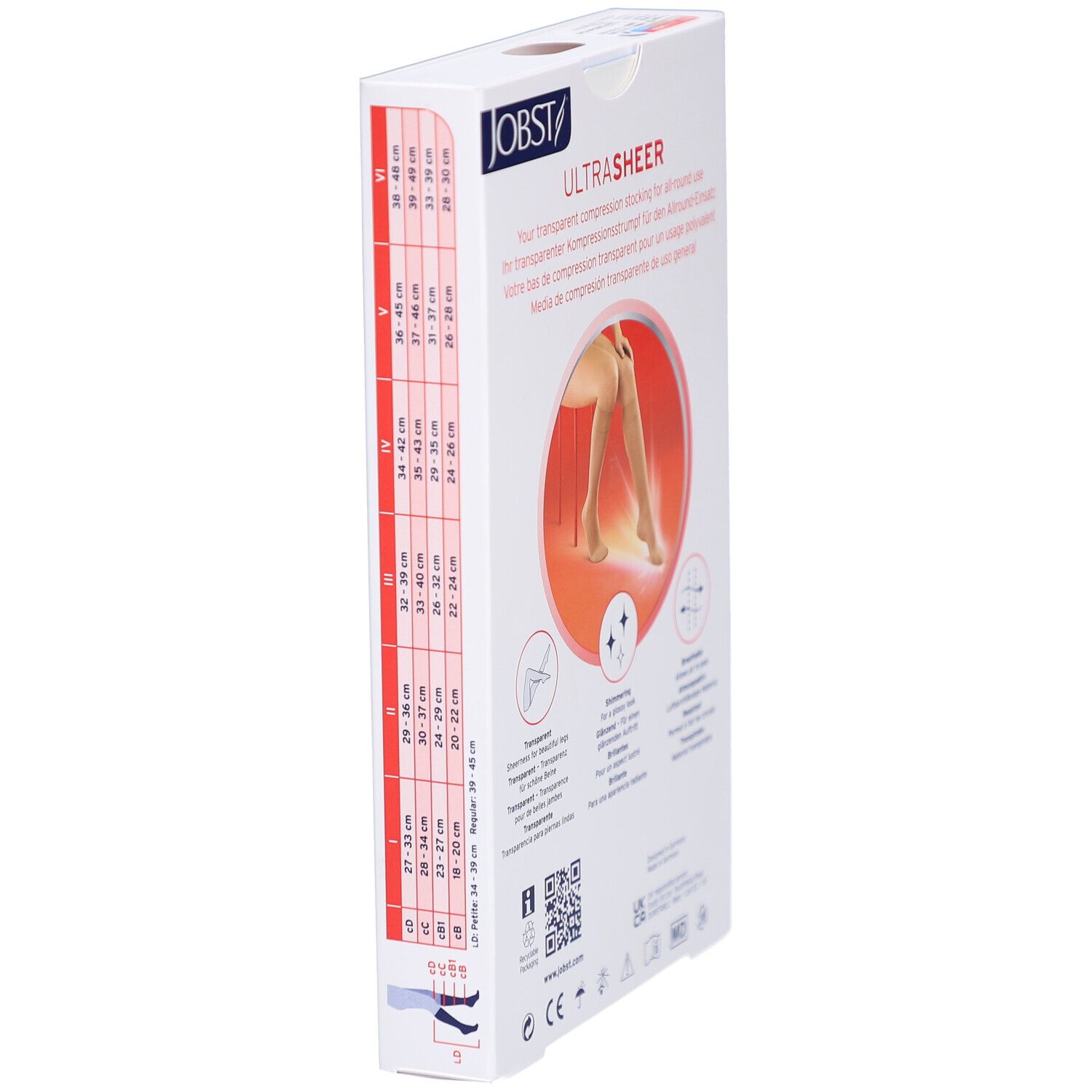Verpackung JOBST UltraSheer Kompressions-Kniestrümpfe. Seitenansicht mit Größentabelle. Text: UltraSheer, transparente Kompressionsstrümpfe.