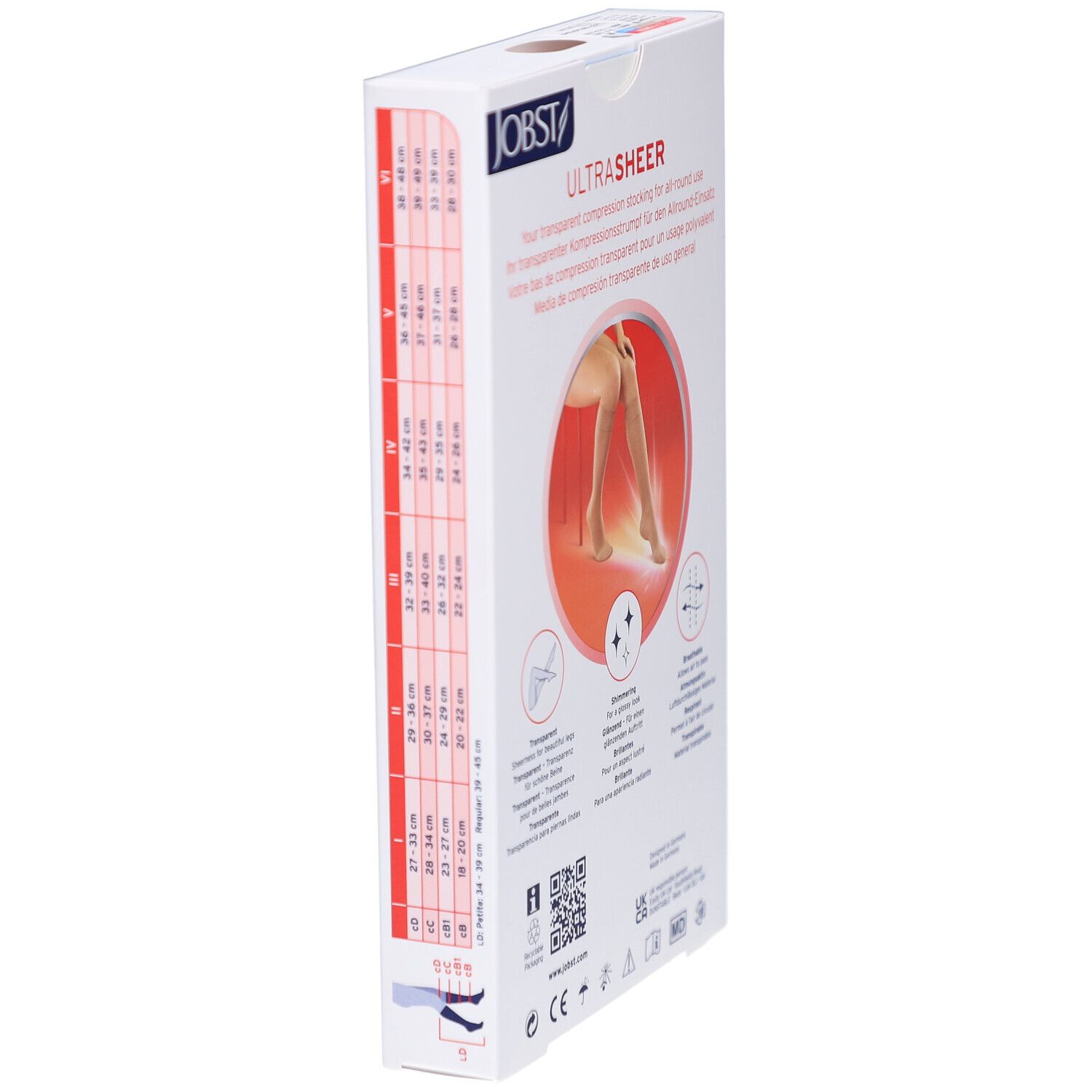 Seite der Verpackung der JOBST UltraSheer Kompressions-Kniestrümpfe. Größenangaben und Illustrationen. Logos und Zertifizierungen.