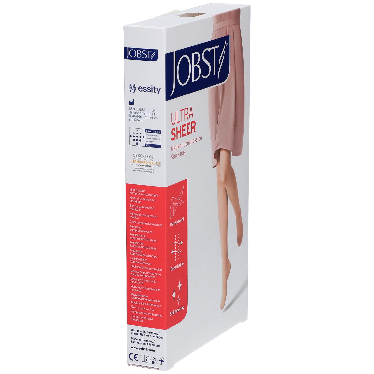 JOBST Ultrasheer Kompressionsstrümpfe in Verpackung. Details: transparent, atmungsaktiv, schimmernd. Zertifizierungen.