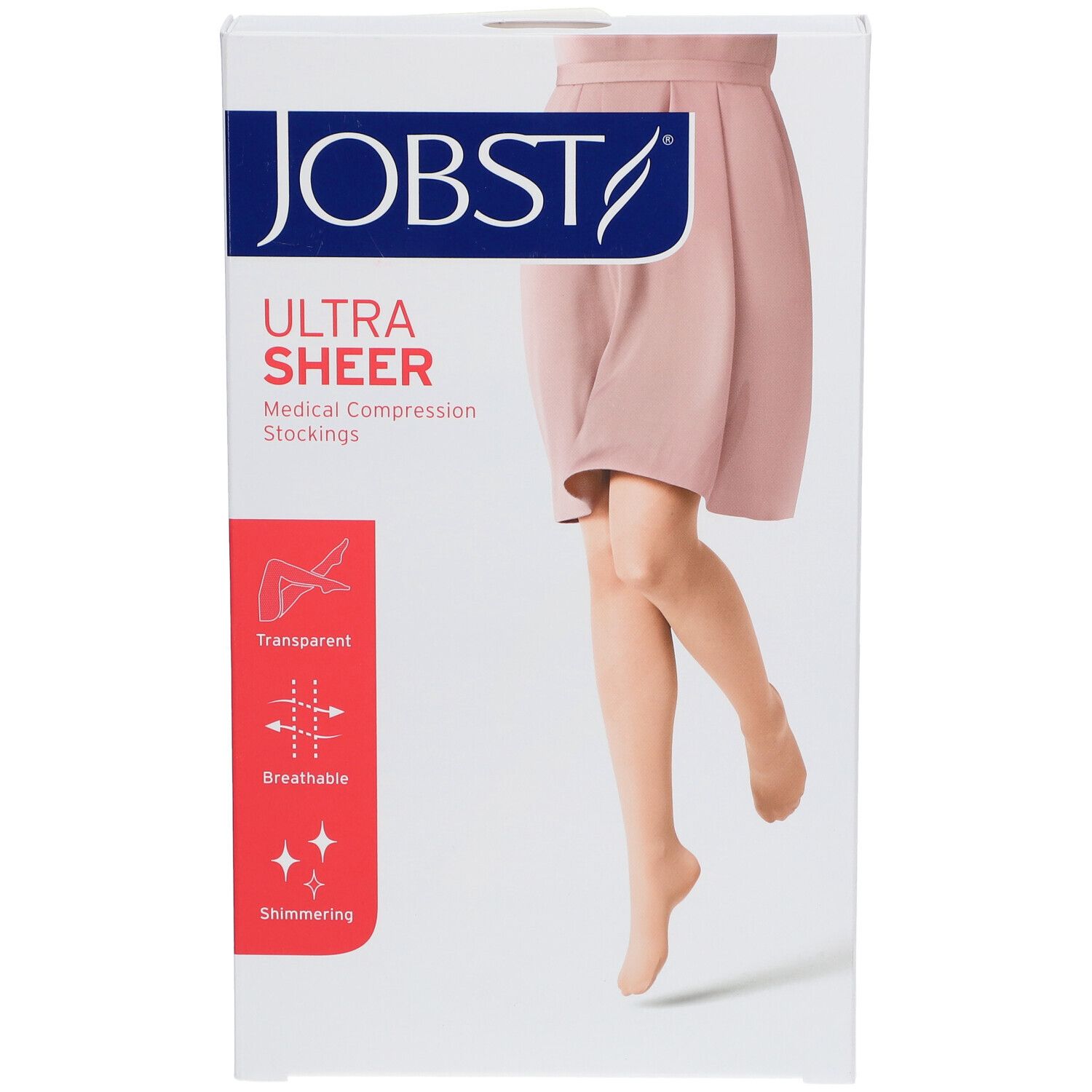 JOBST Ultrasheer Kompressionsstrümpfe in Verpackung. Transparent, atmungsaktiv, schimmernd. Abbildung einer Frau mit Strümpfen.