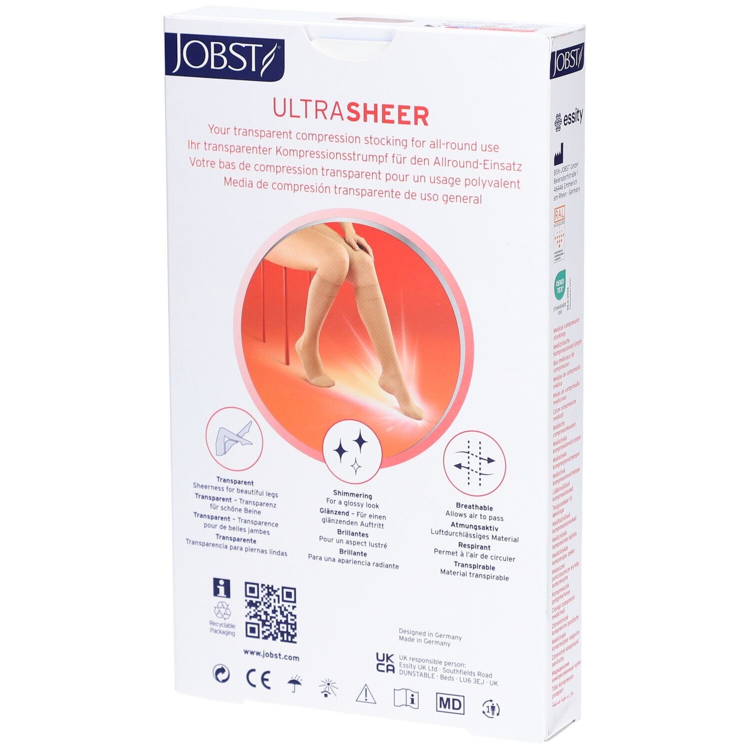 Rückseite der JOBST Ultrasheer Verpackung. Text in mehreren Sprachen. Illustrationen von Produkteigenschaften.