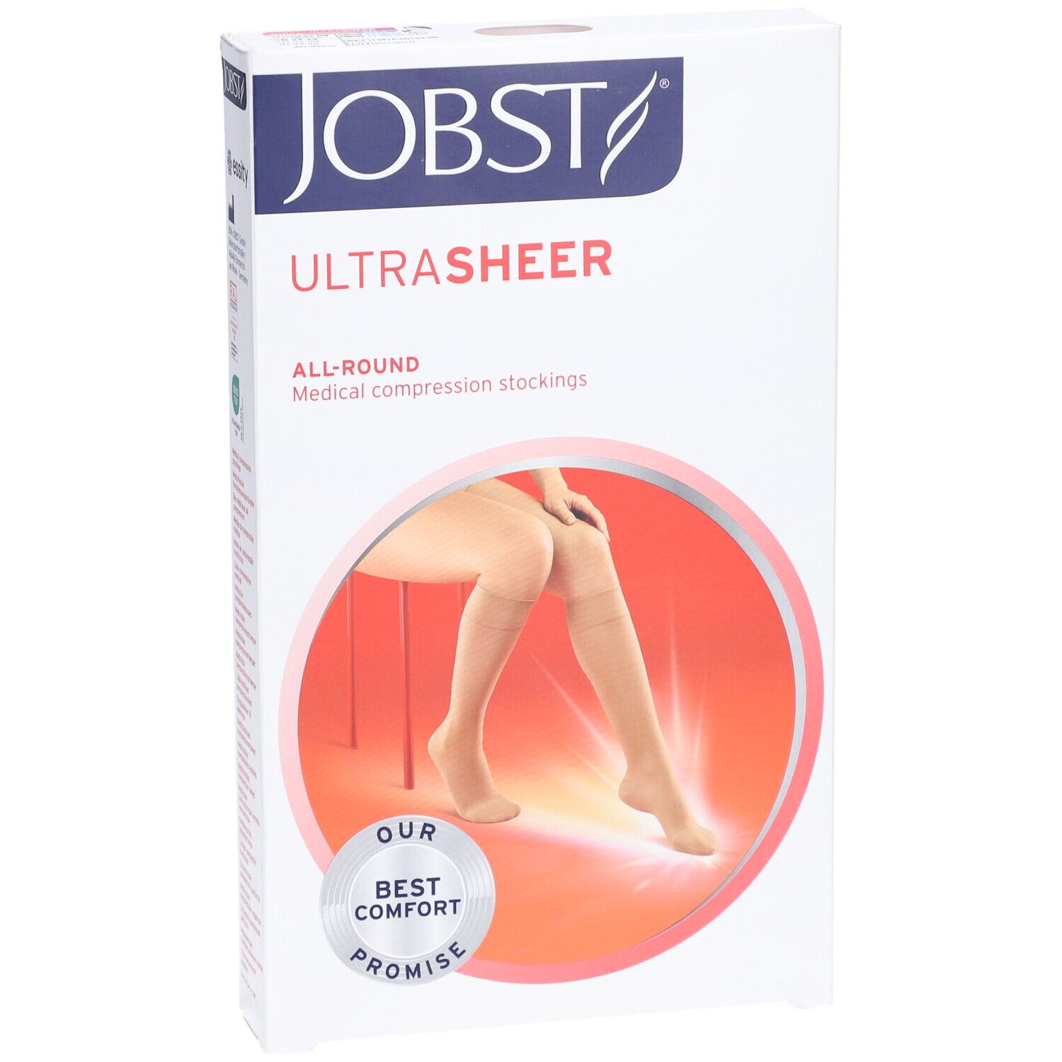 JOBST Ultrasheer Kompressionsstrümpfe in Verpackung. Produktabbildung zeigt Strümpfe am Bein. Aufdruck: BEST COMFORT PROMISE.