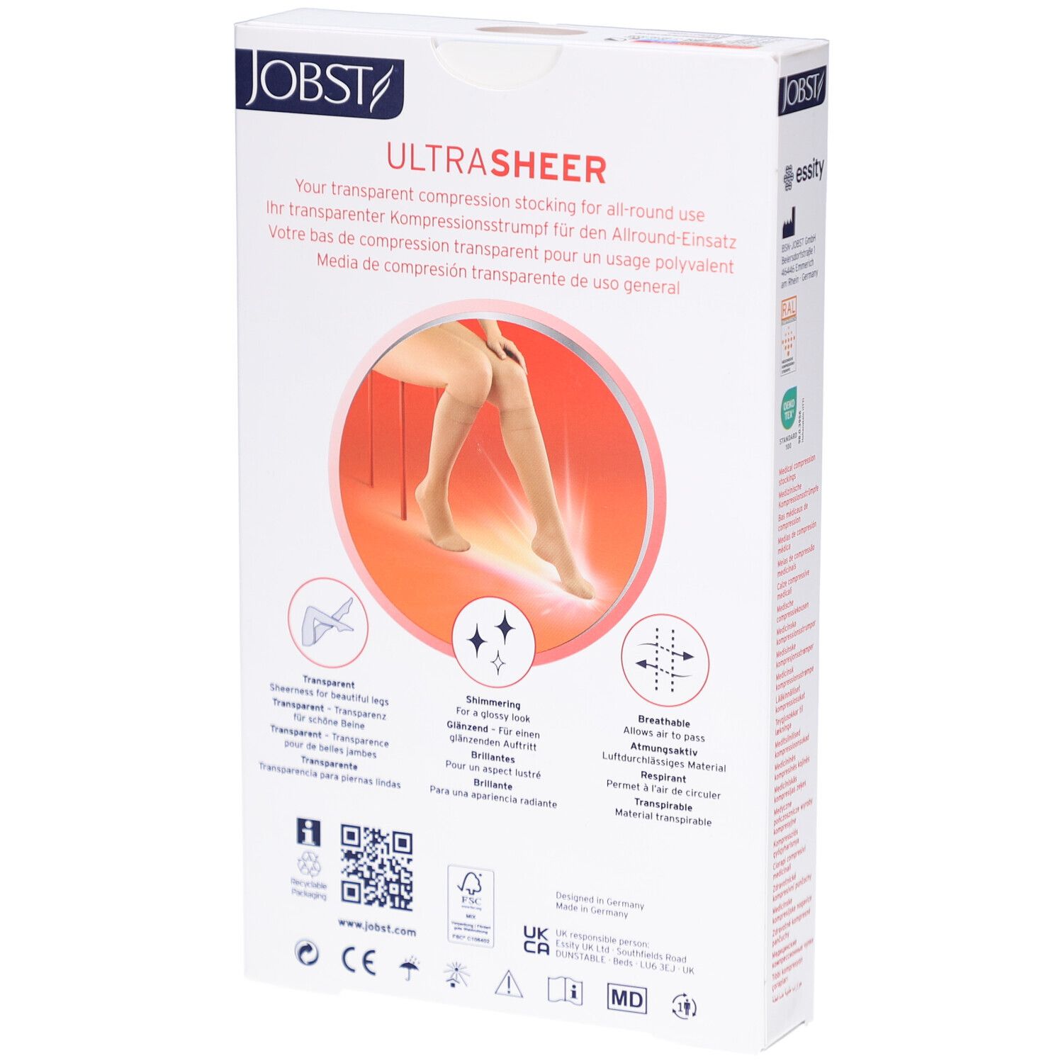 Rückseite der Verpackung JOBST UltraSheer Kompressions-Kniestrümpfe. Text und Grafiken. Text: ALL-ROUND.