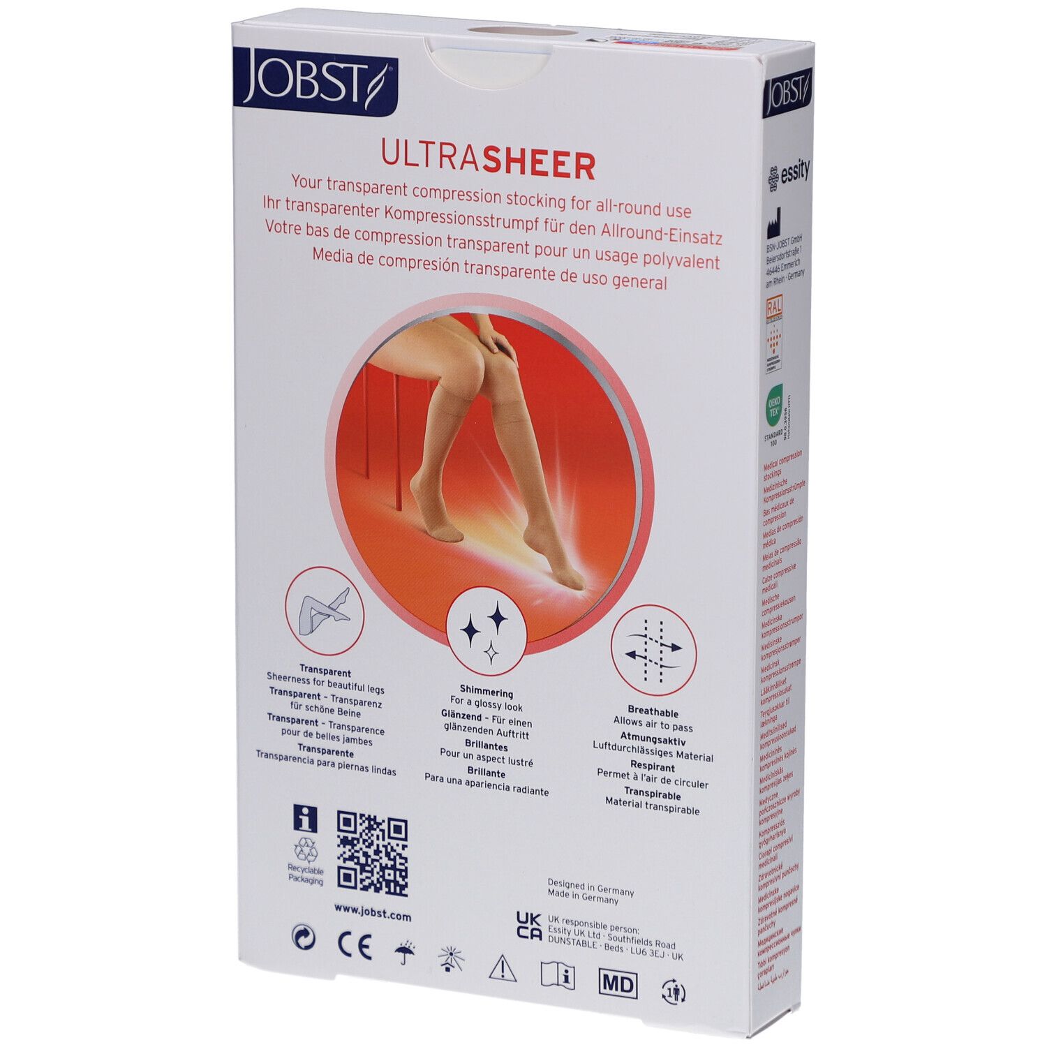 Rückseite der Verpackung JOBST UltraSheer Kompressions-Kniestrümpfe. Produktmerkmale und Logos.