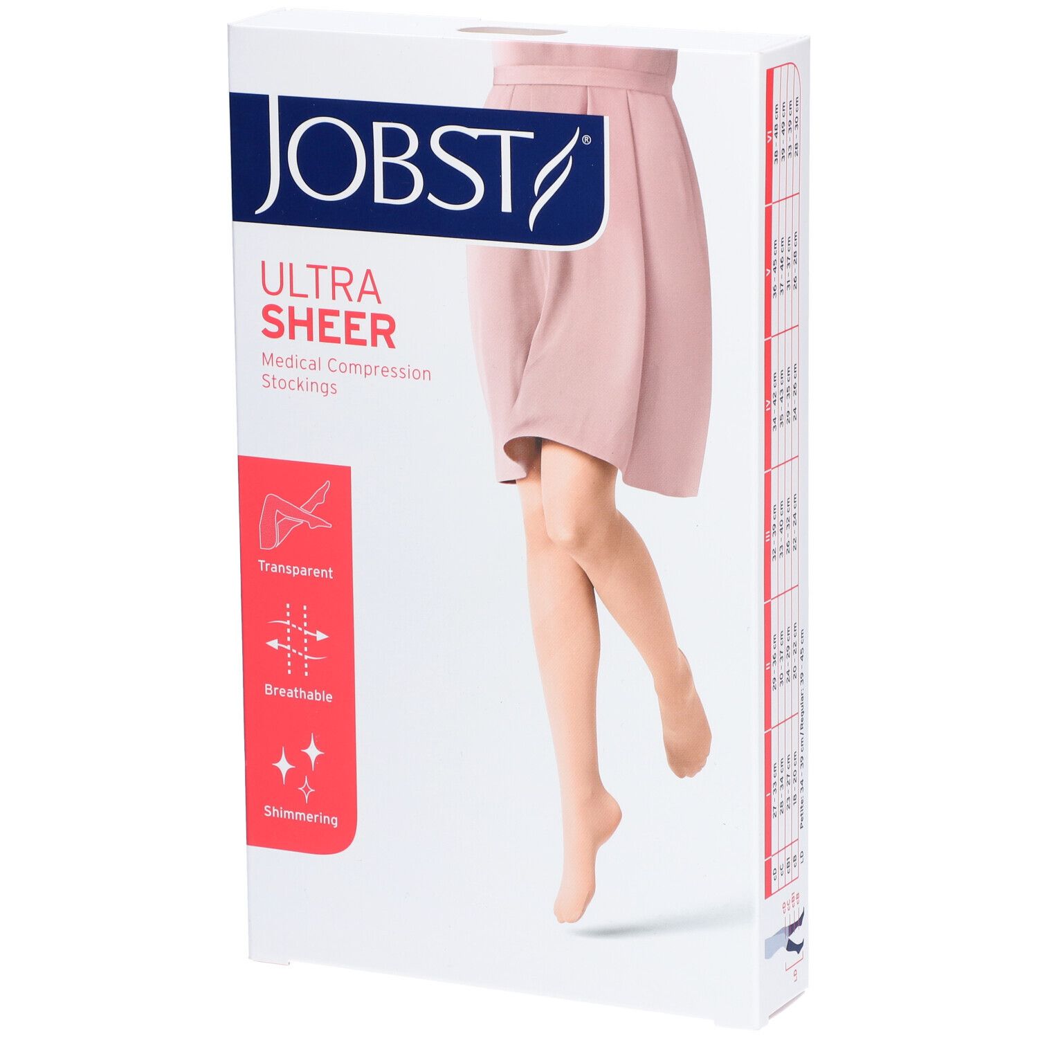 Verpackung mit JOBST Ultra Sheer Kompressionsstrümpfen. Aufdruck: Transparent, atmungsaktiv, schimmernd. Abbildung eines Beins.