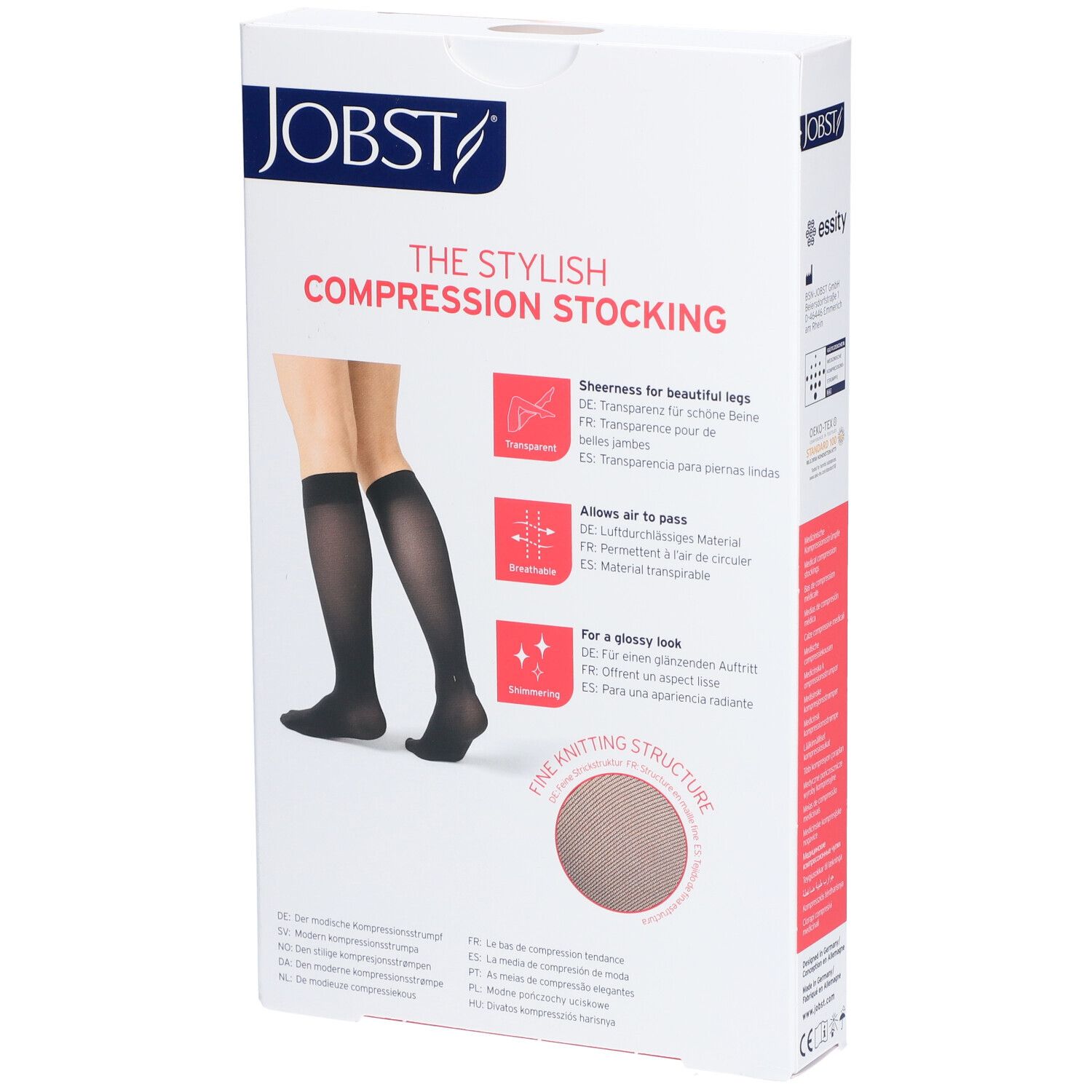 Verpackung JOBST, The Stylish Compression Stocking. Abbildung schwarzer Kniestrümpfe. Text: Transparent, atmungsaktiv, glänzend.