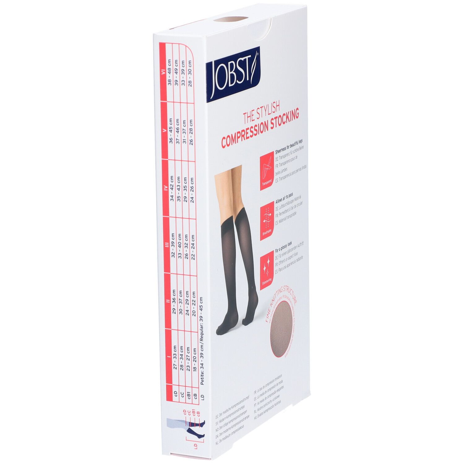 Verpackung JOBST, The Stylish Compression Stocking. Größentabelle. Abbildung schwarzer Kniestrümpfe. Produktinformationen.