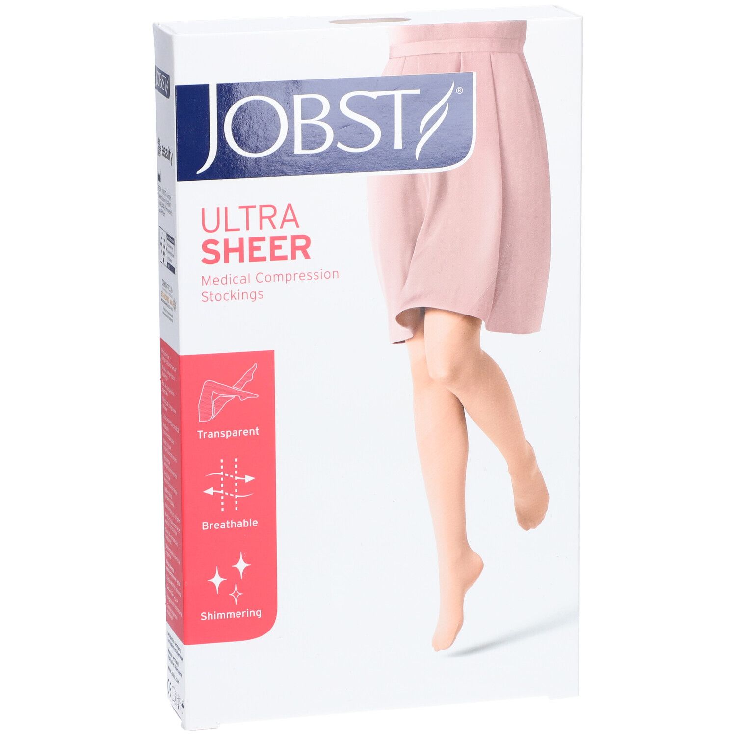 Verpackung mit JOBST Ultra Sheer Kompressionsstrümpfen. Aufdruck: Transparent, atmungsaktiv, schimmernd. Abbildung eines Beins.