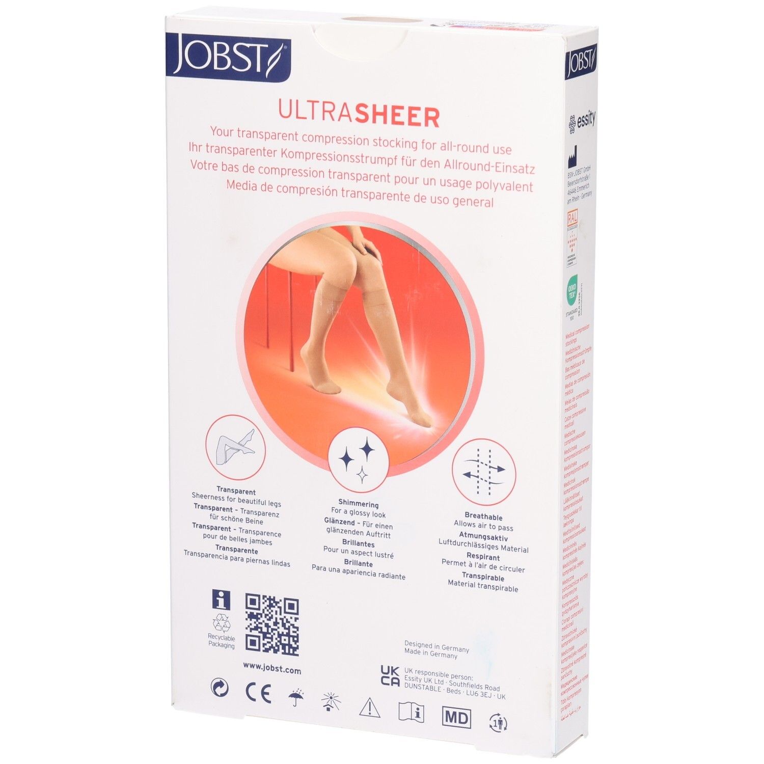 Rückseite der Verpackung JOBST UltraSheer Kompressions-Kniestrümpfe. Text in mehreren Sprachen. Abbildungen von Produkteigenschaften.