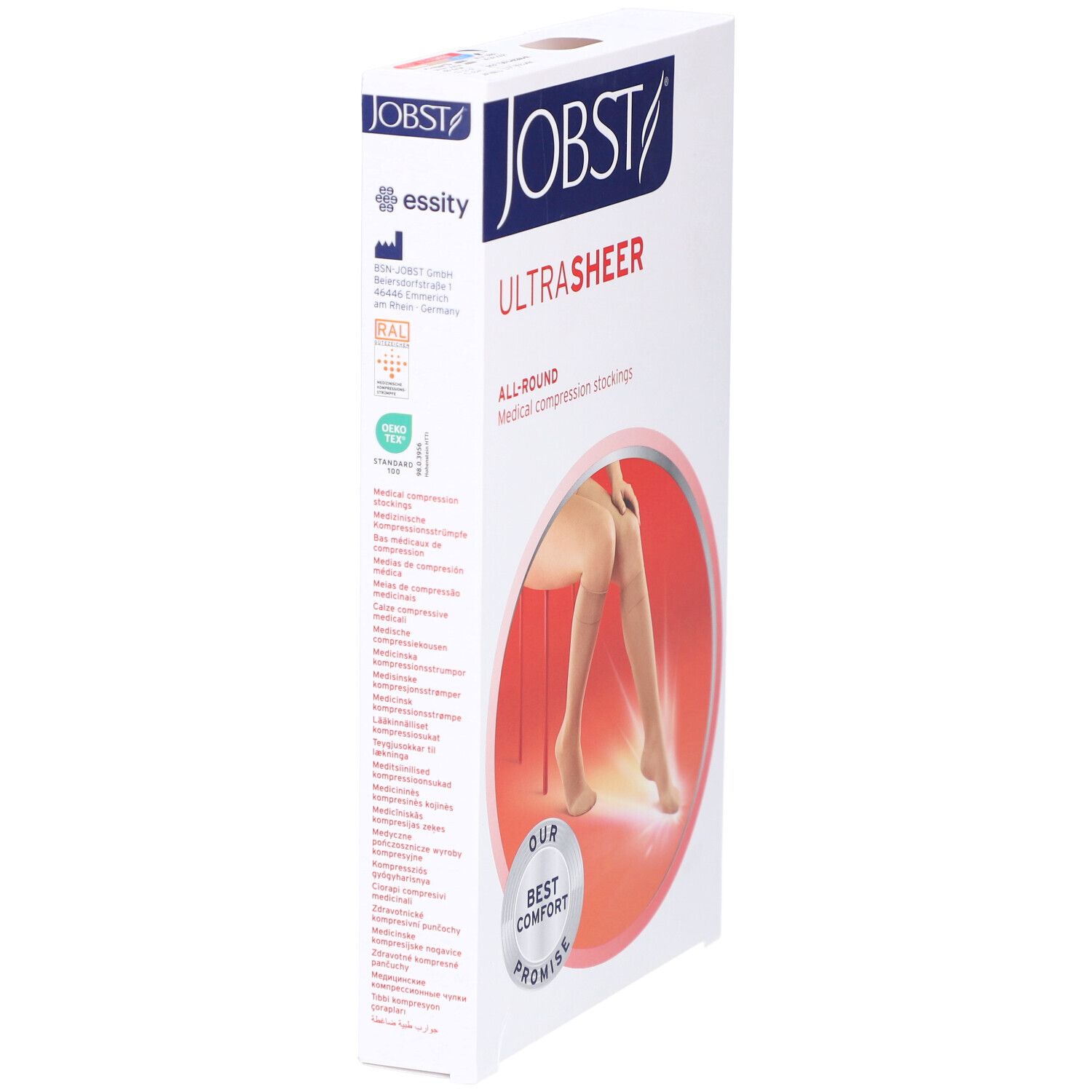 Verpackung JOBST UltraSheer Kompressions-Kniestrümpfe. Aufdruck: ALL-ROUND, Medical compression stockings. Seitenansicht mit Text und Logo.