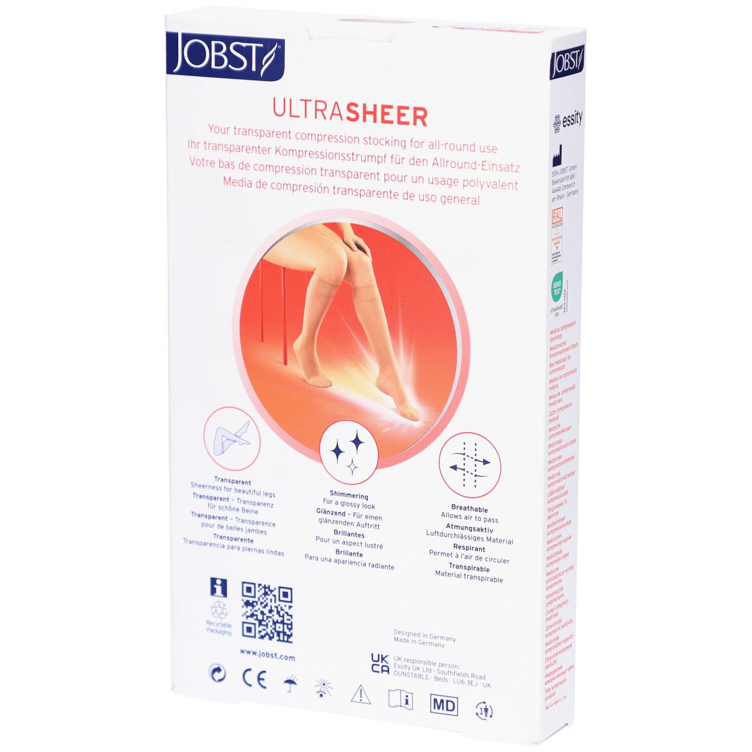 Rückseite der Verpackung JOBST UltraSheer Kompressions-Kniestrümpfe. Text in mehreren Sprachen. Illustration: Bein mit Strumpf.