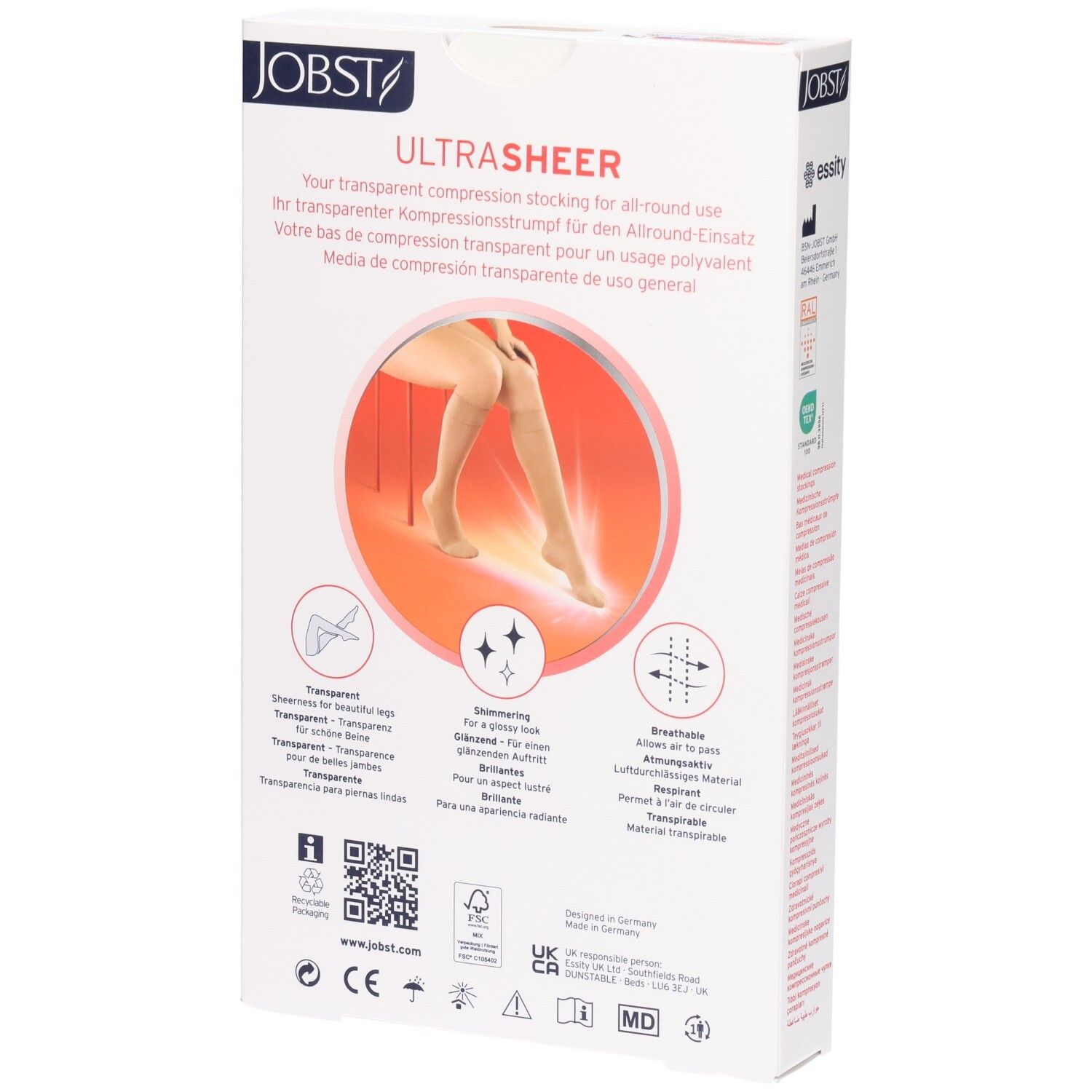 Rückseite der Verpackung von JOBST UltraSheer Kompressions-Kniestrümpfen. Text in mehreren Sprachen. Illustrationen von Produktmerkmalen.