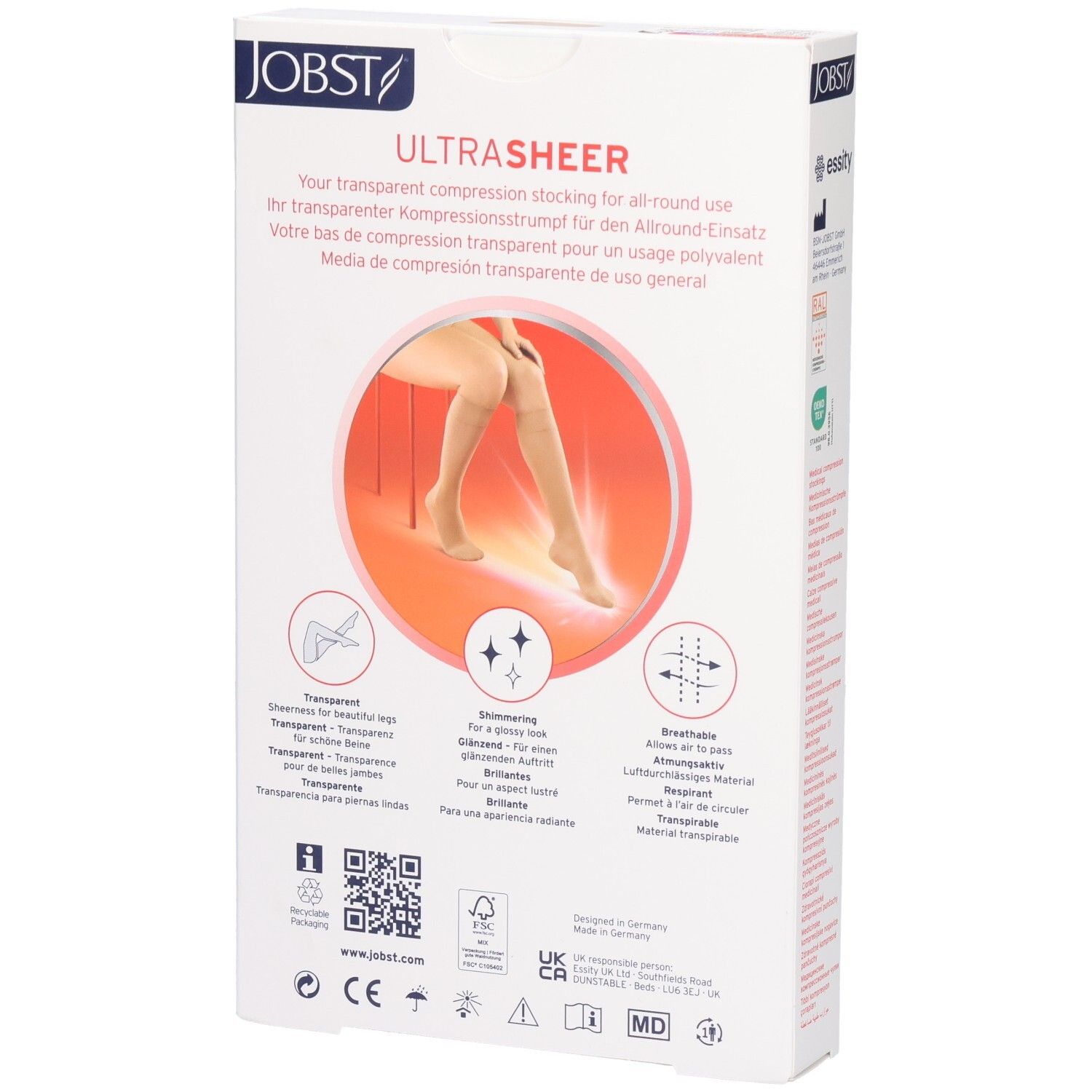Rückseite der Verpackung mit JOBST UltraSheer Kompressions-Kniestrümpfen. Text in mehreren Sprachen. Illustrationen zu Eigenschaften.