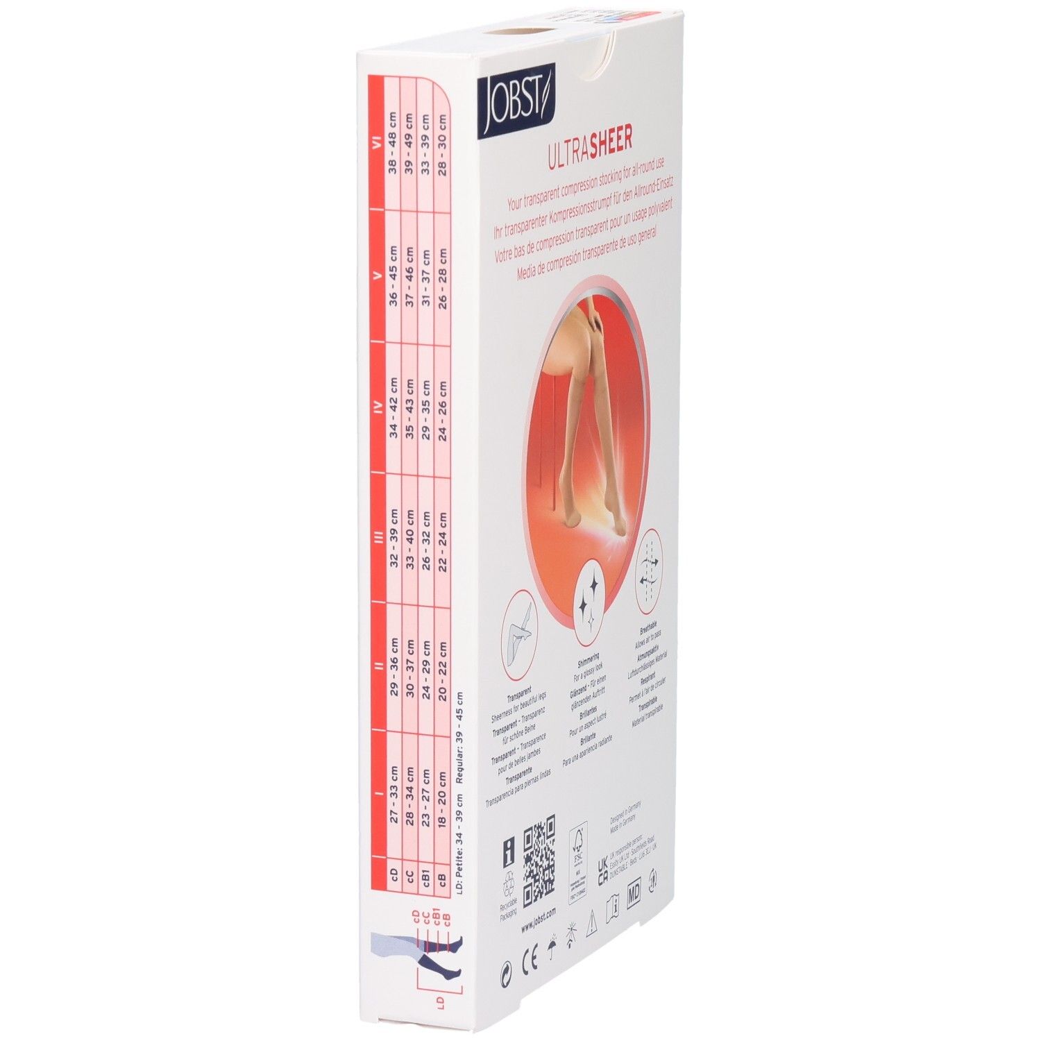 Seite der Verpackung mit JOBST UltraSheer Kompressions-Kniestrümpfen. Größentabelle und Produktinformationen. Illustration eines Beins.