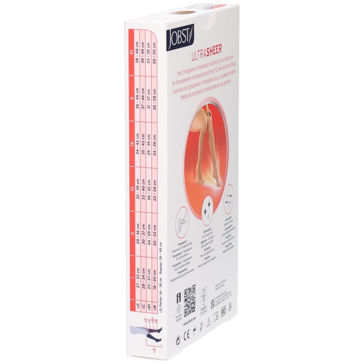 JOBST UltraSheer Kompressions-Kniestrümpfe: Seitenansicht der Verpackung mit Größentabelle.